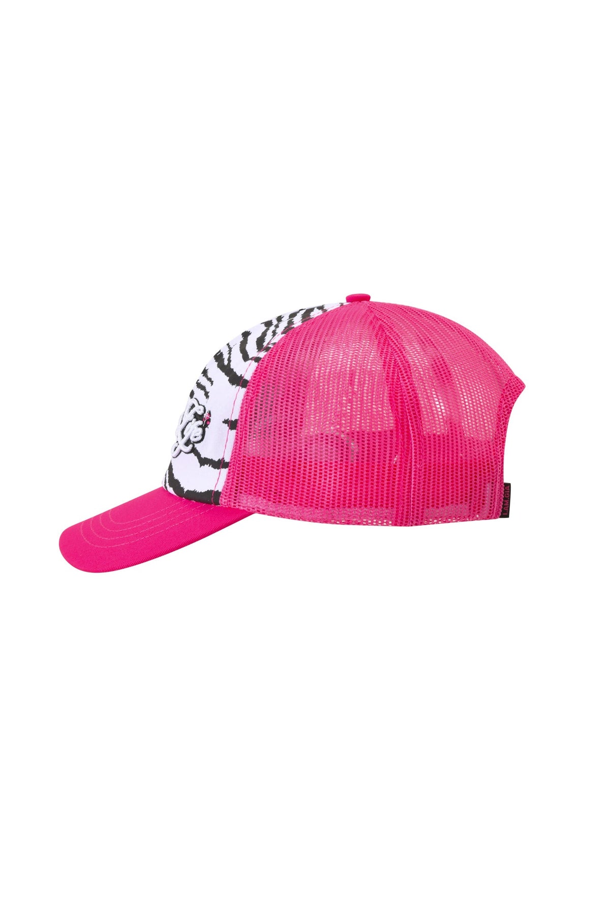 Pink YVL TRUCKER HAT - PINK trucker hat with a white front panel featuring a black tiger stripe pattern.