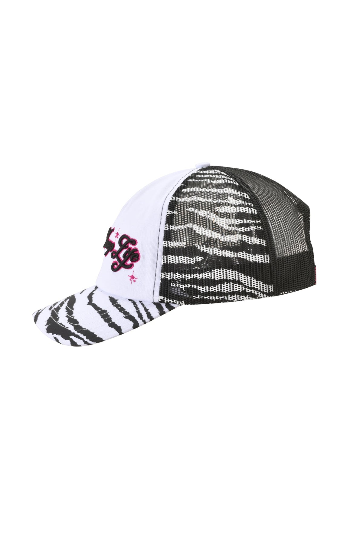 I.AM.GIA YVL TRUCKER HAT - ZEBRA featuring a zebra print brim, white front panel with pink cursive text, and a black mesh back.