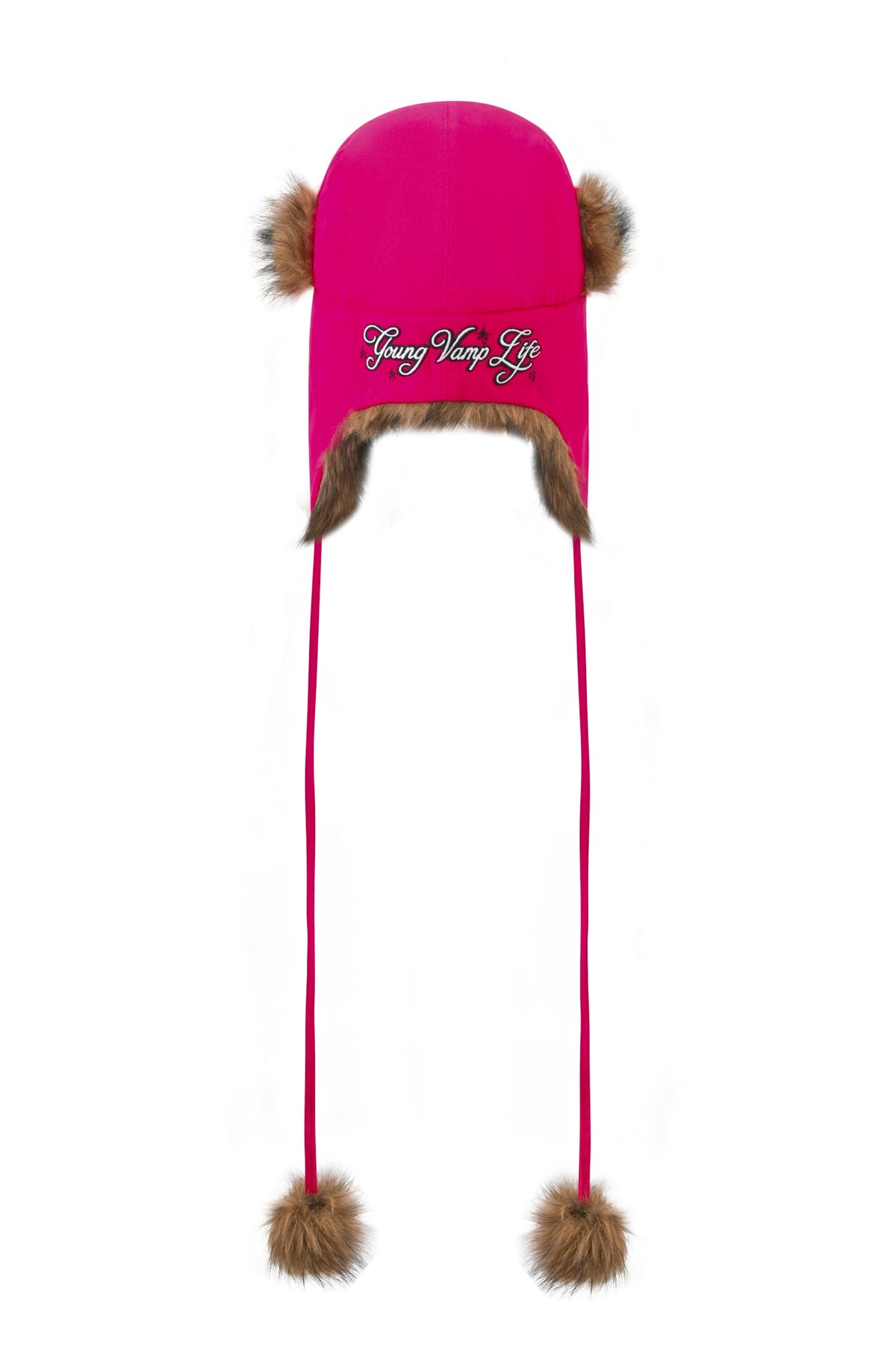 Hot pink I.AM.GIA YVL FUR TRAPPER HAT - PINK with brown trim, side pom-poms, and “Young Vamp Life” embroidered on the front.