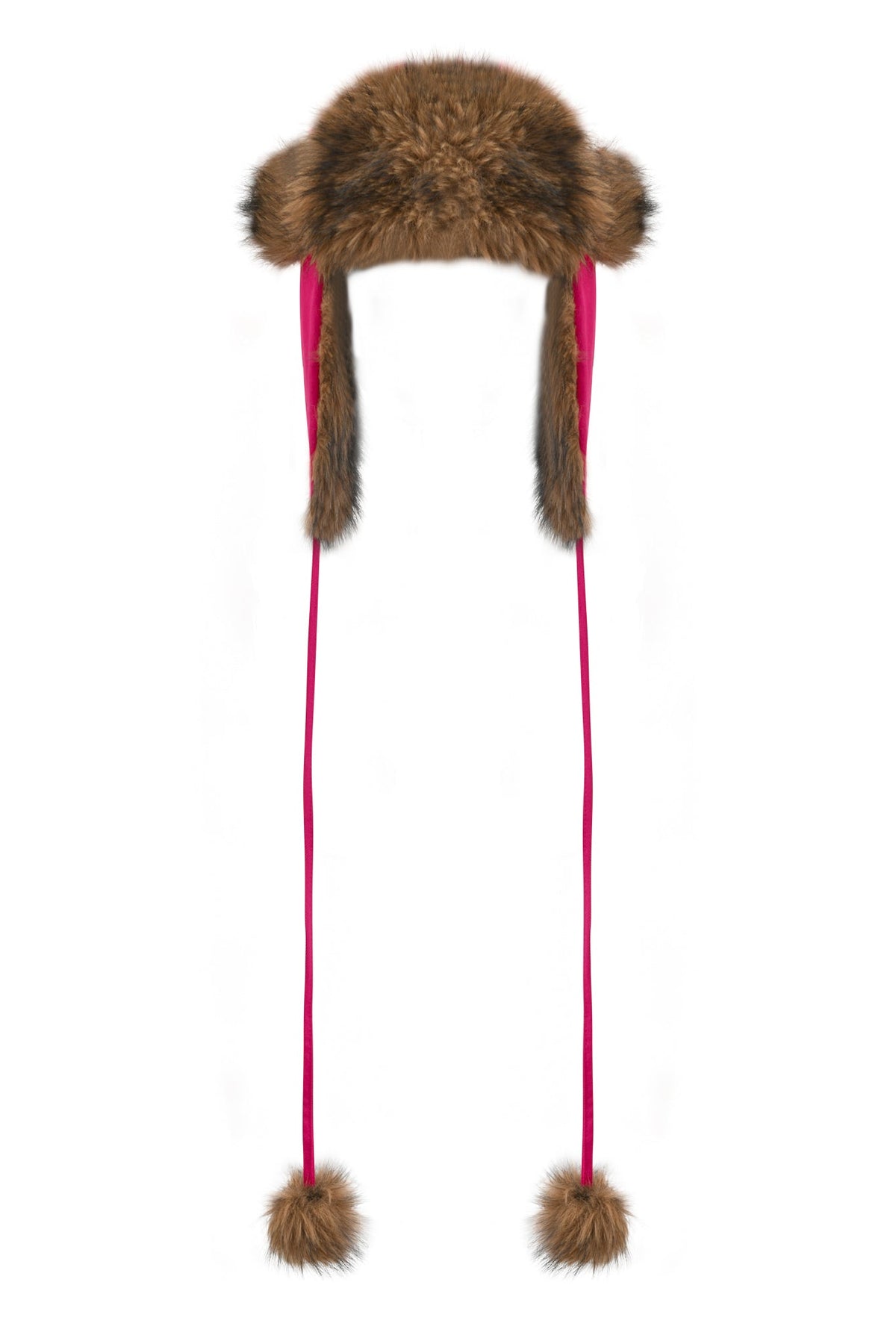 YVL FUR TRAPPER HAT - PINK featuring a faux fur exterior, hot pink lining, and long ties ending in small fur pom-poms.