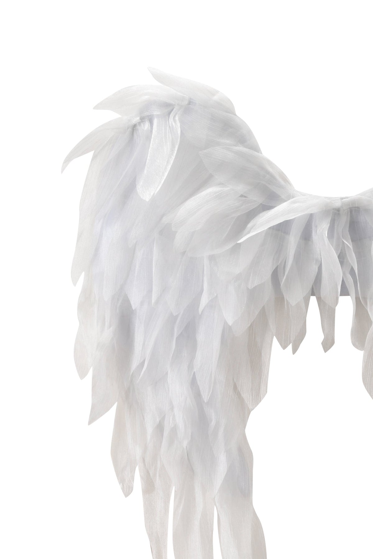 Elevate your costume with the ANGEL WINGS - WHITE from I.AM.GIA, featuring beautifully layered feathers in a striking white hue. The image showcases only the upper part of these elegant wings against a plain white background—ideal as a party accessory or to complete your feather-inspired look.