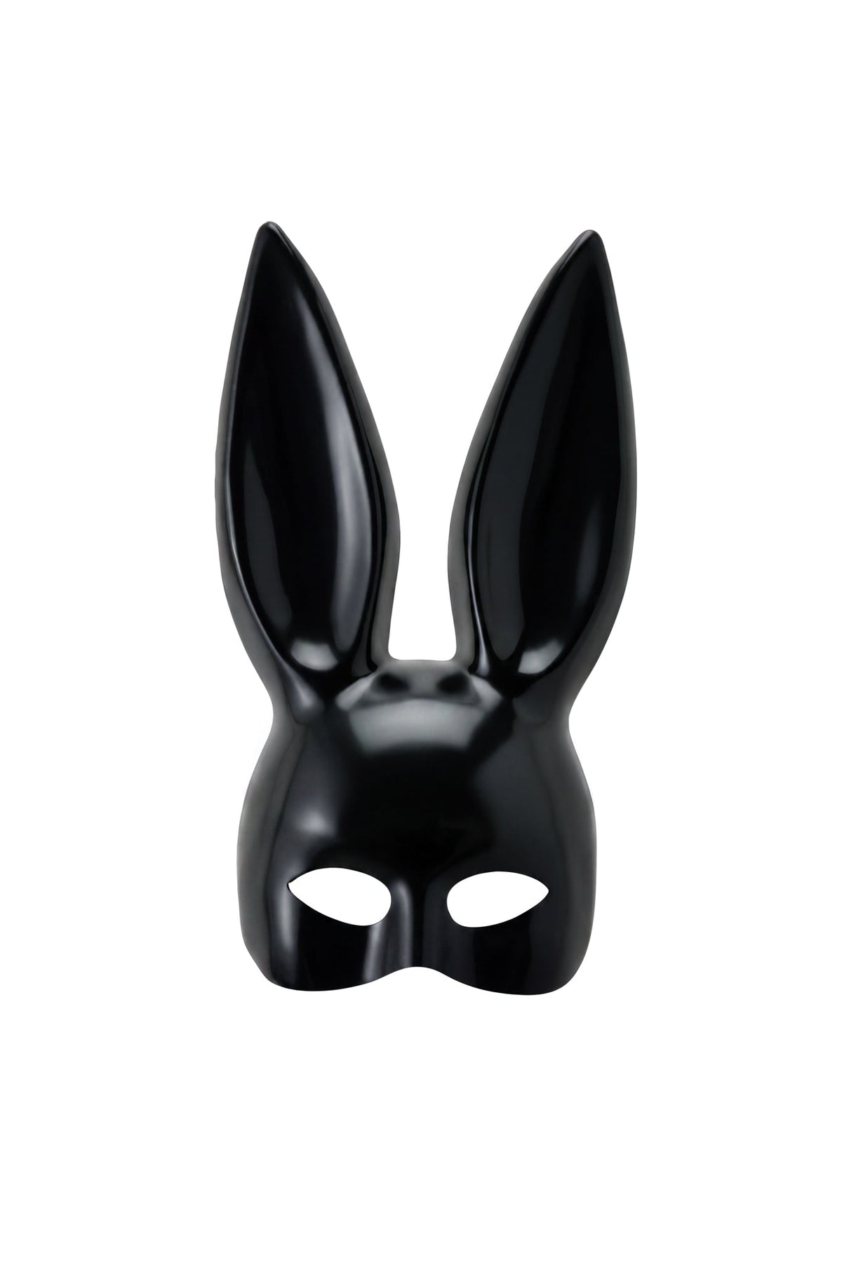 The DOE BUNNY MASK - BLACK by I.AM.GIA features a shiny black finish with tall, pointed rabbit ears and eye cutouts, shown against a white background—making it an ideal accessory for Halloween costumes.