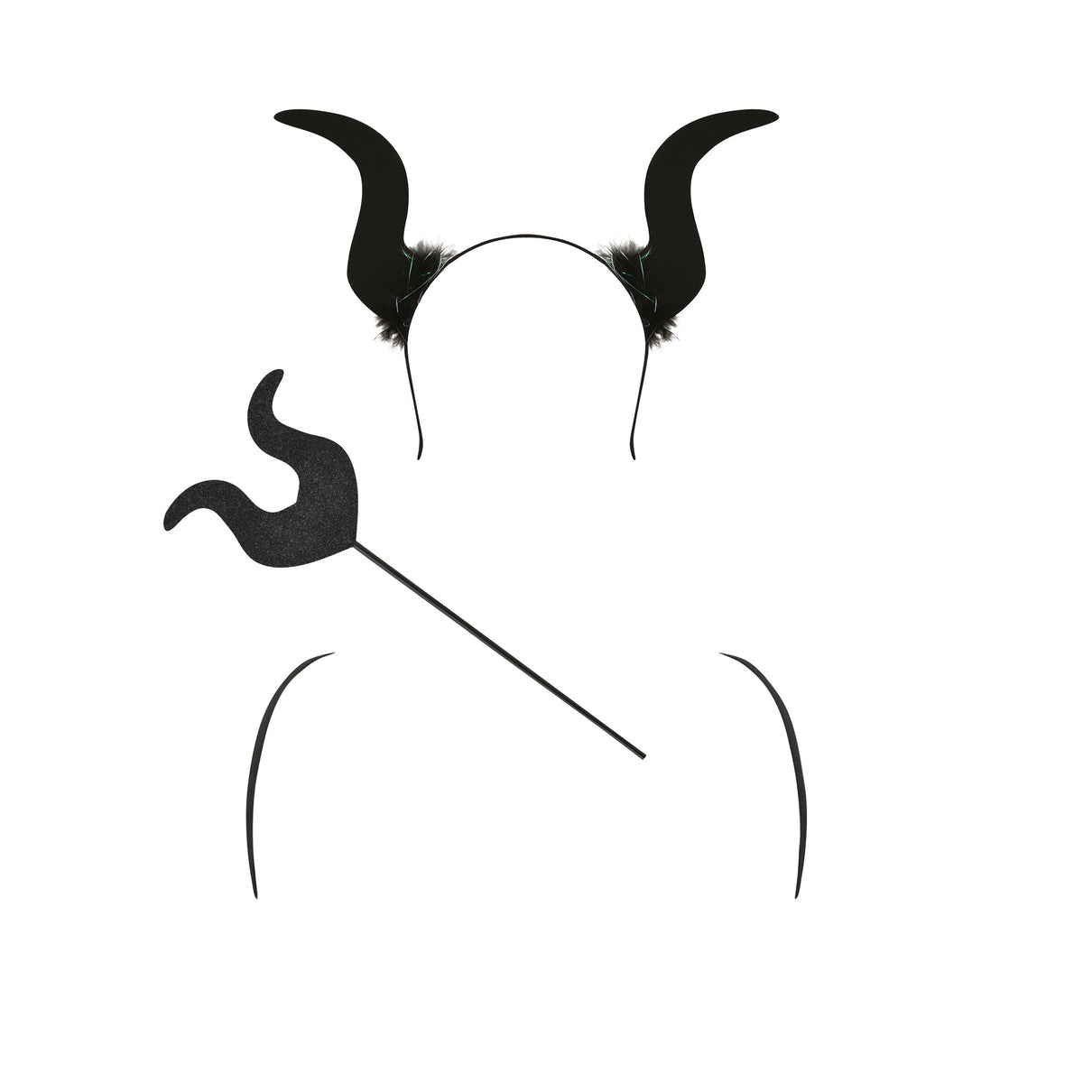 A minimalist outline showcases the KIARA DARK ANGEL WINGS SET - BLACK by I.AM.GIA, featuring a figure with black devil horns and a black glitter pitchfork against a white background. The absence of facial features and the sleek silhouette evoke an elegant yet edgy dark angel costume.