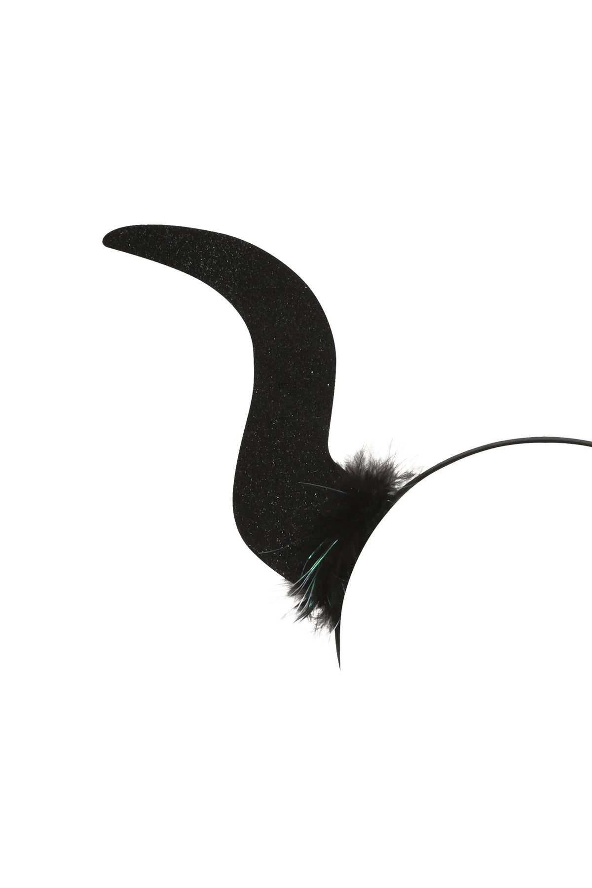 Add a striking touch to your dark angel look with the KIARA DARK ANGEL WINGS SET - BLACK from I.AM.GIA. This set features a black headband adorned with a single curved, glittery black horn and black feather accents at the base—perfect for elevating your costume. The shimmering horn sweeps upward and outward from the headband, making an eye-catching statement against any backdrop.