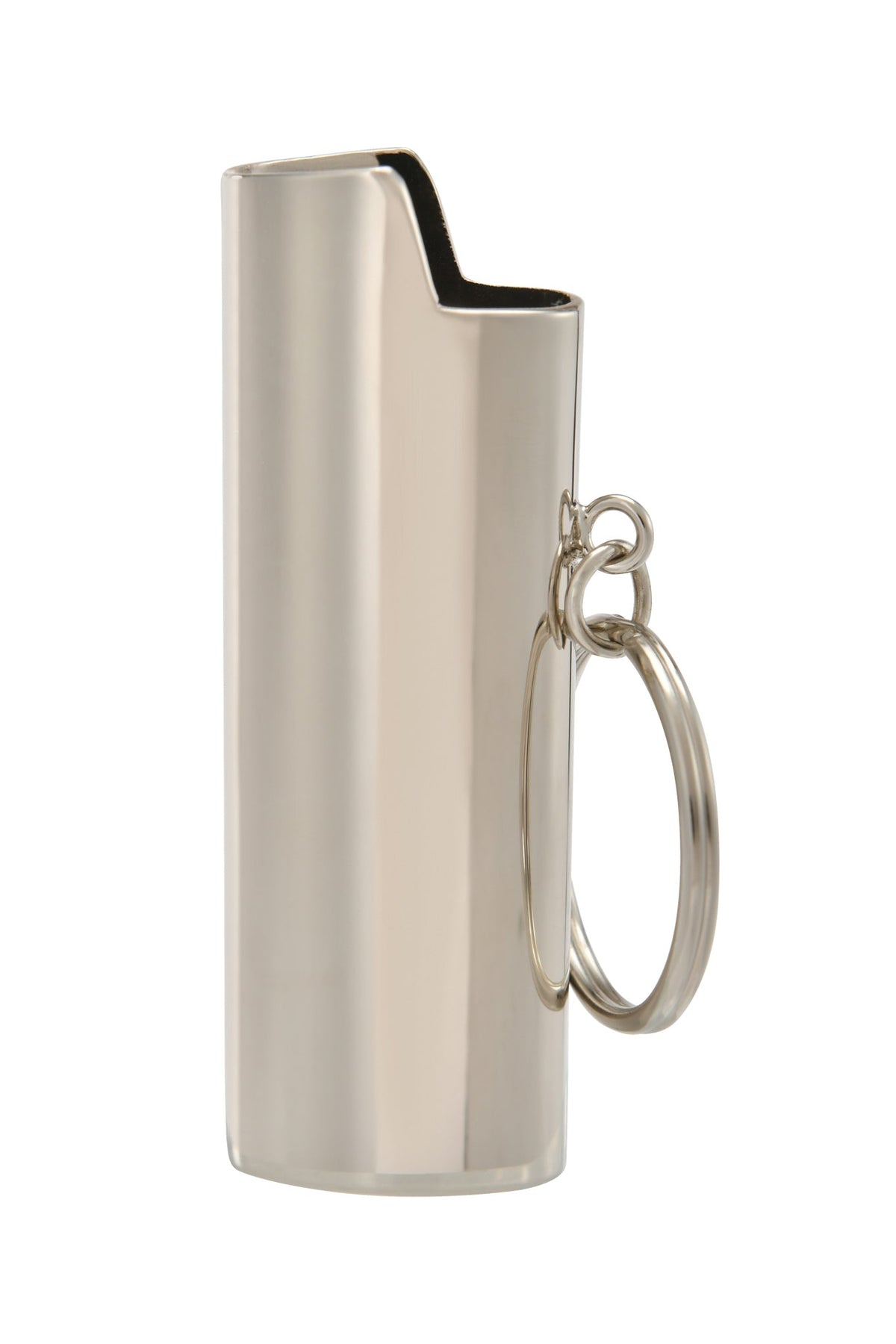 The T-REX LIGHTER CASE - SILVER by I.AM.GIA stands upright against a plain white background, its shiny metal and keyring evoking a minimalist, modern vibe.