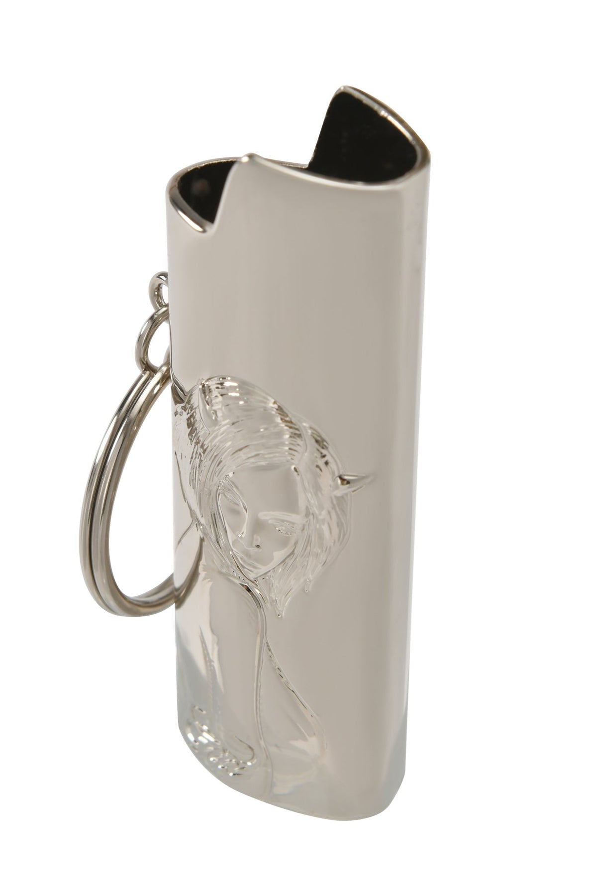 The I.AM.GIA T-REX LIGHTER CASE - SILVER is a shiny silver keychain with an engraved devil girl face, designed as a curved metal BIC lighter holder with a top opening.