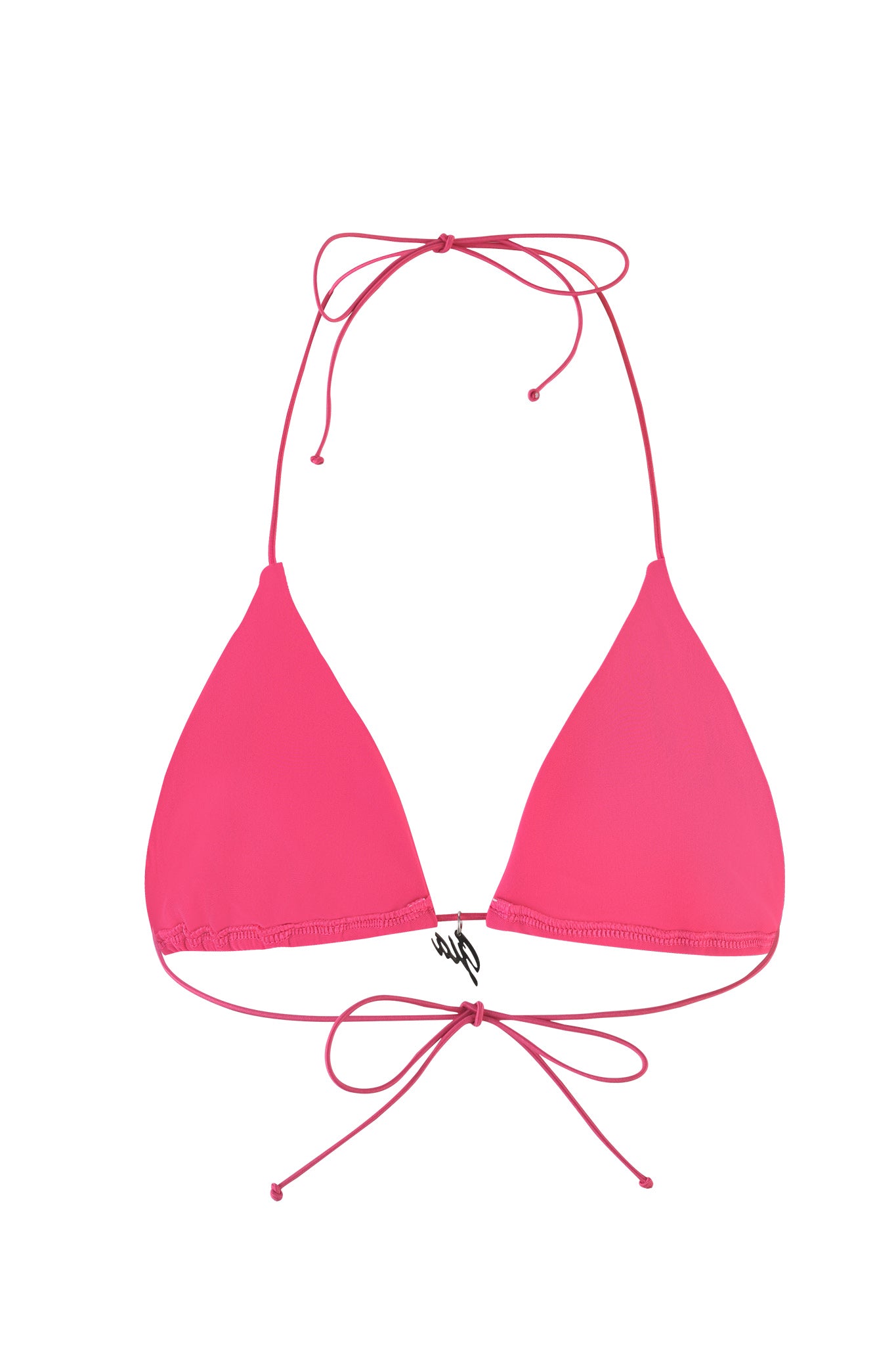 The BAMBI BIKINI TOP - HOT PINK from I.AM.GIA features bright pink triangle cups, tie straps around the neck, and a tie closure at the back. Crafted from smooth, swimwear-appropriate material, this bikini top is displayed against a plain white background.
