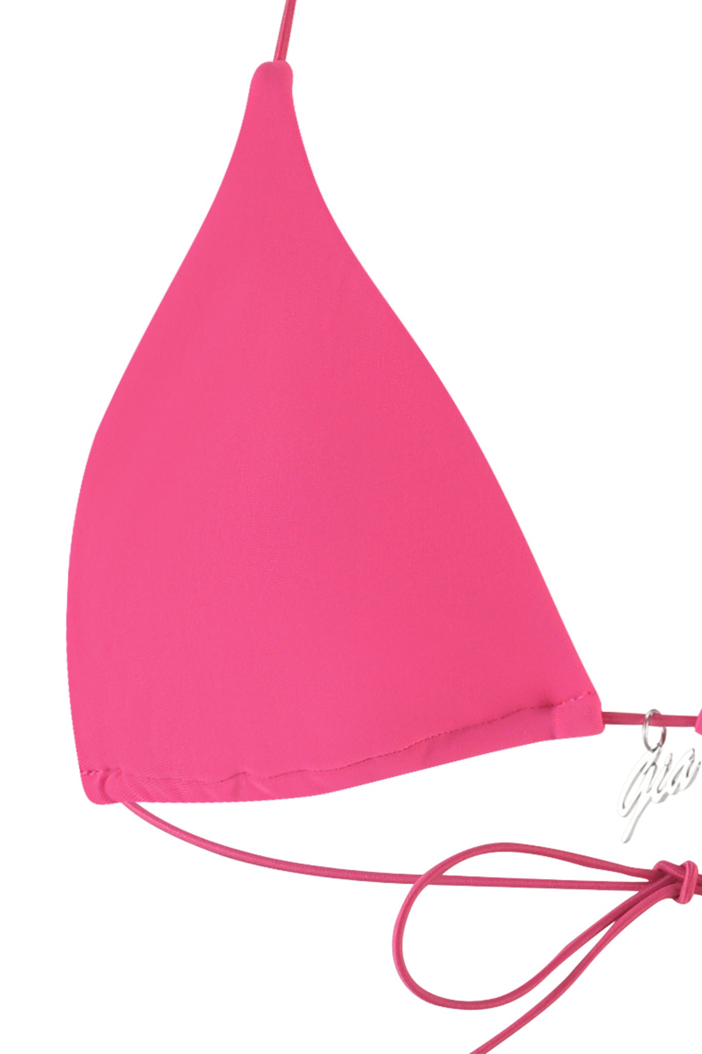 A close-up view of the I.AM.GIA BAMBI BIKINI TOP in hot pink. The bikini top showcases a classic triangle cup design with thin string ties on the sides for adjustability.