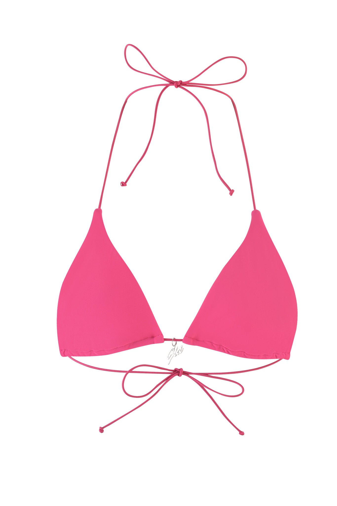 The BAMBI BIKINI TOP - HOT PINK from I.AM.GIA is a bright pink string bikini top featuring two triangular fabric pieces. It has thin strings that tie behind the neck and at the back, with a small silver charm hanging from the middle of the bottom string. The background is white.