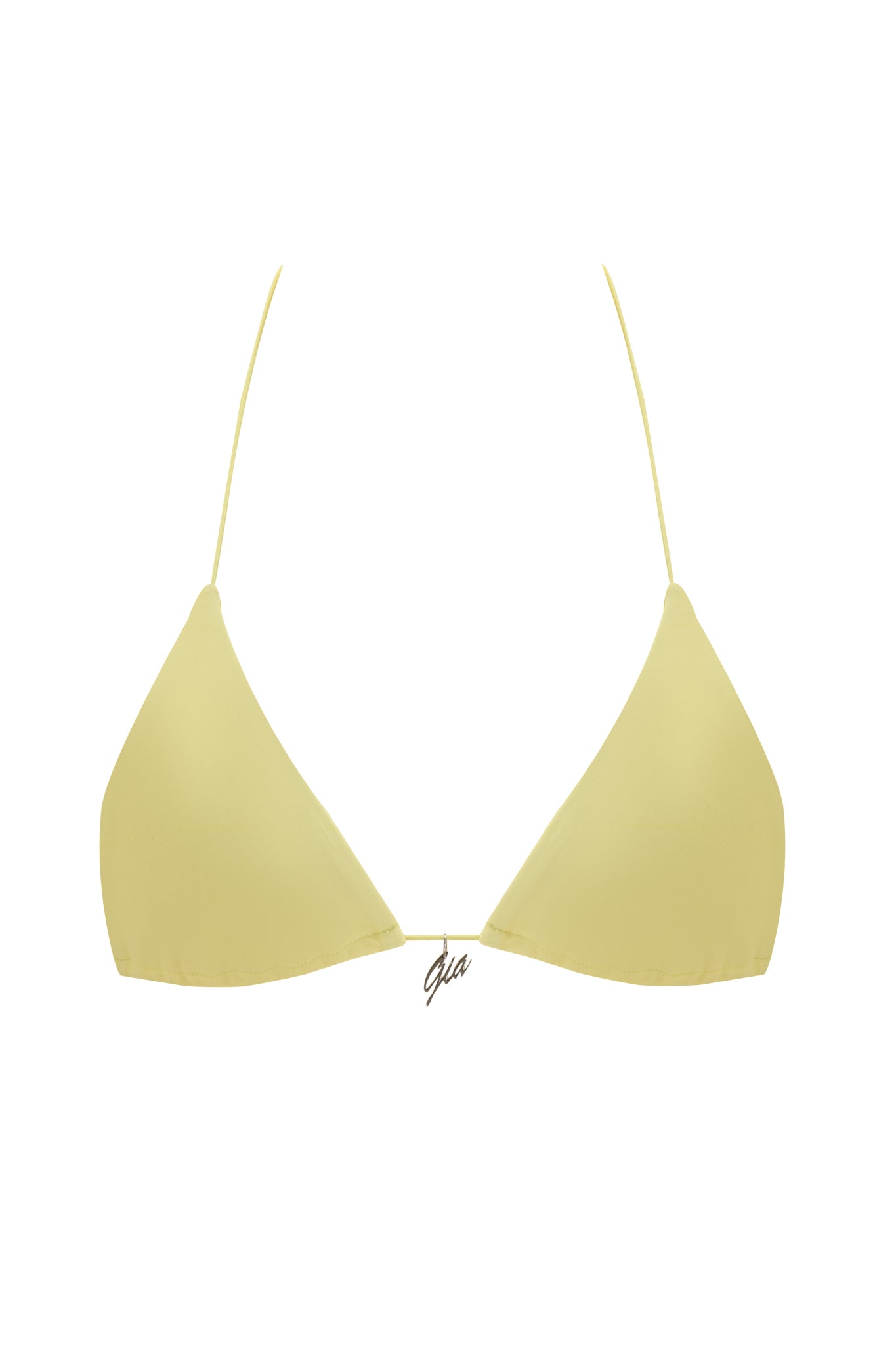 The BAMBI BIKINI TOP - YELLOW by I.AM.GIA features thin adjustable straps and a small silver GIA charm at the center, shown against a white background.