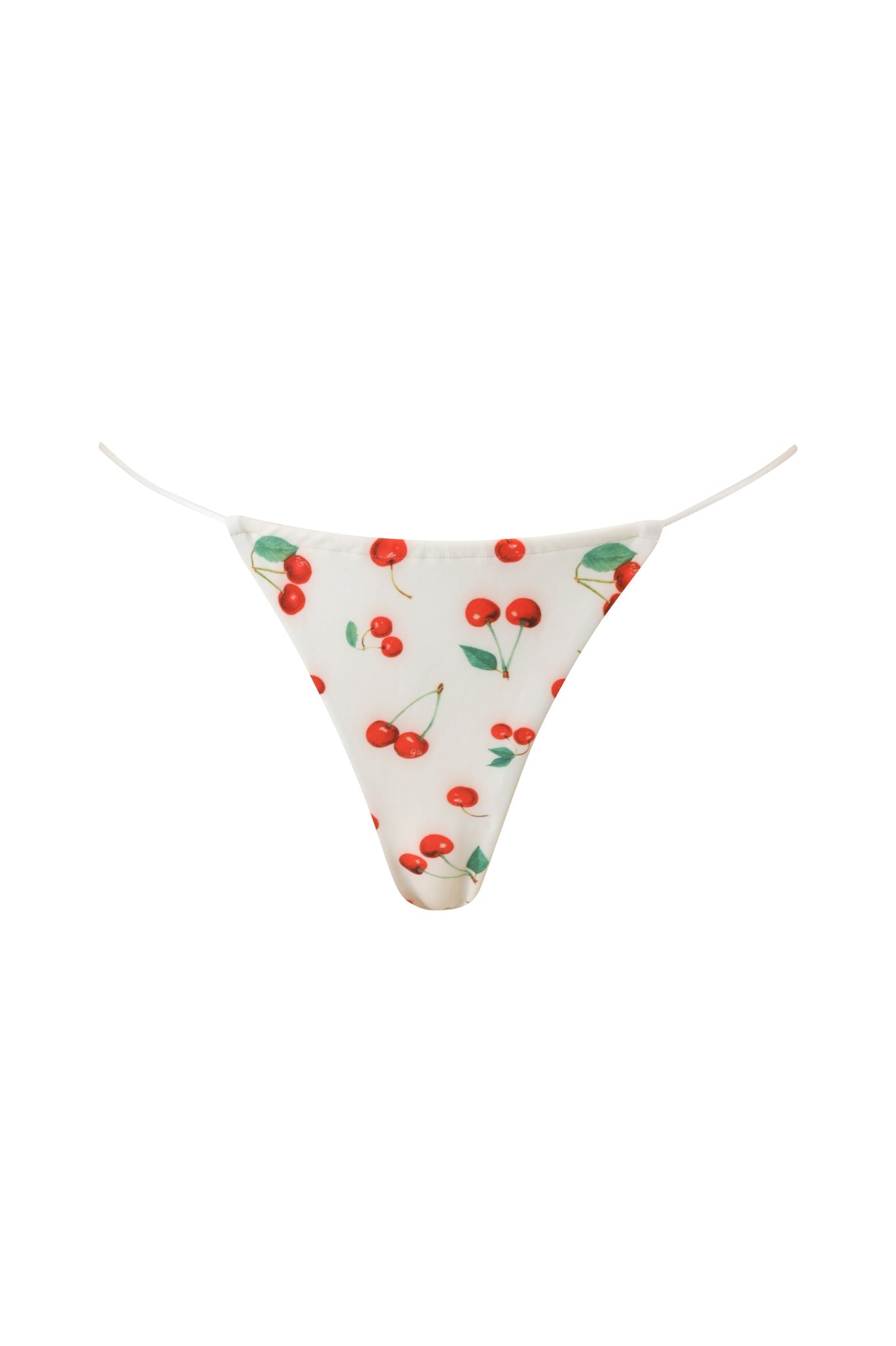 The BAMBI BIKINI BOTTOM - CHERRY ON TOP by I.AM.GIA is a white thong-style underwear featuring red cherry and green leaf prints, inspired by the classic Bambi Bikini Bottom, shown on a plain white background.