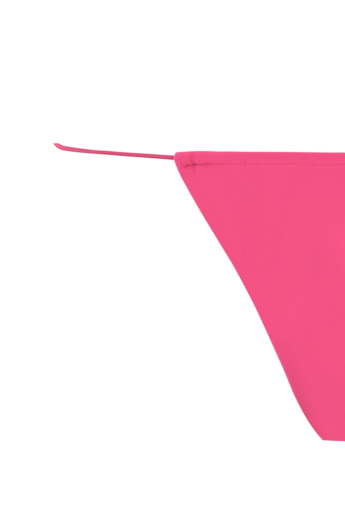 Close-up of the hot pink BAMBI BIKINI BOTTOM by I.AM.GIA, featuring string ties and showcasing a portion of the fabric with a single string extending from the top left corner. The plain white background highlights the vivid color and design of the bikini bottom.