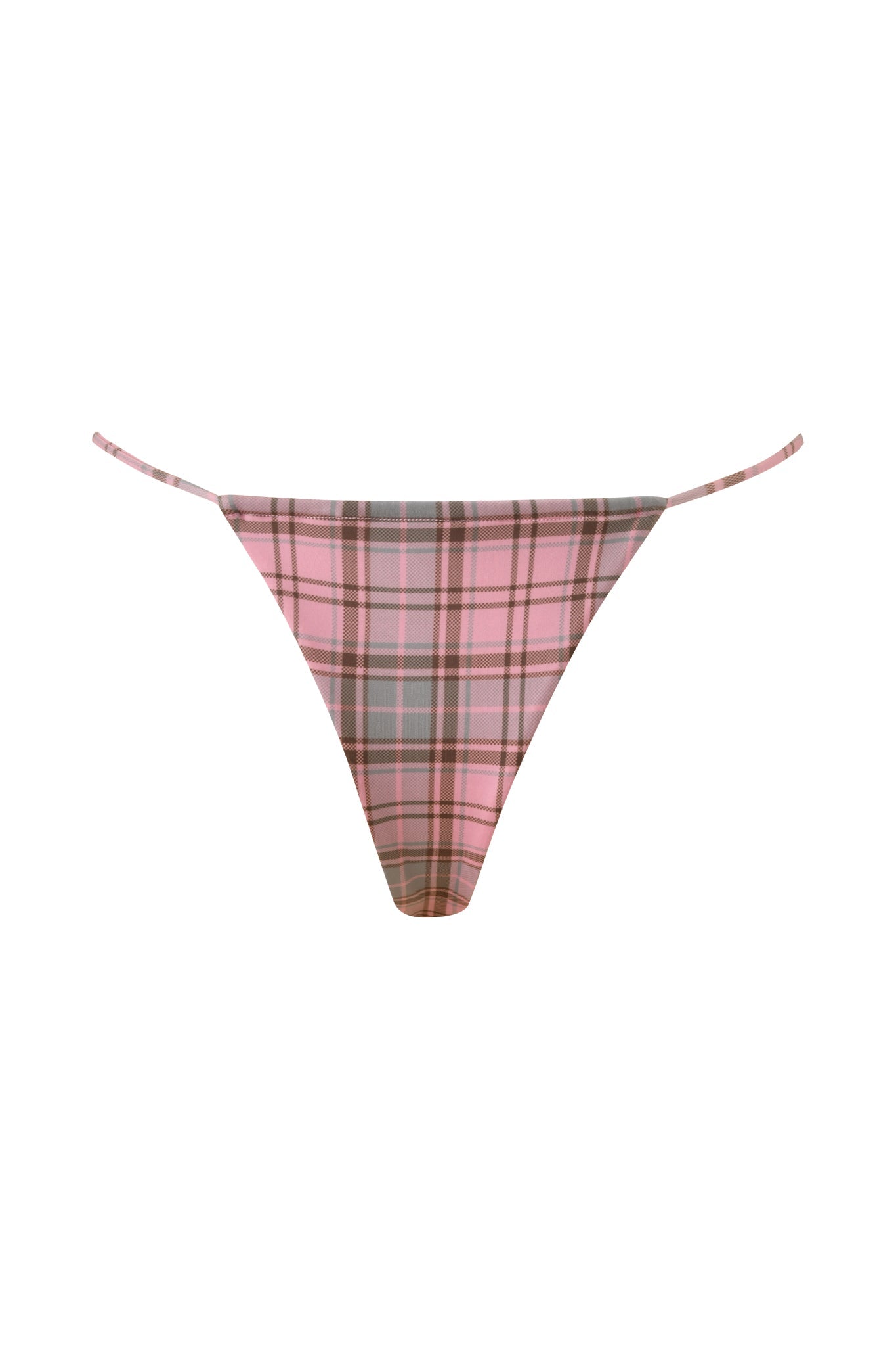 The I.AM.GIA BRITT BIKINI BOTTOM in pink plaid features a women's cheeky cut with thin side straps, shown against a white background.
