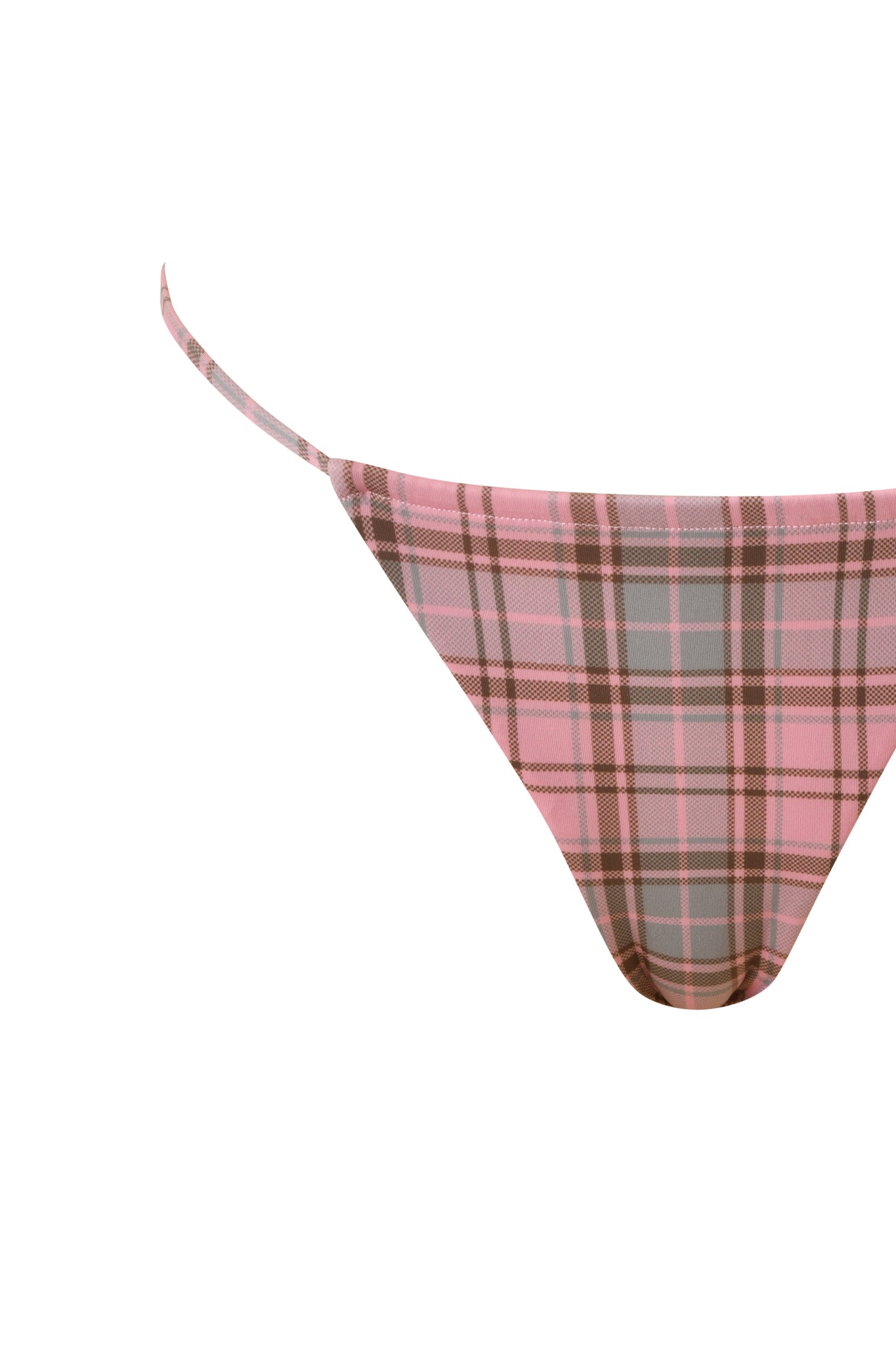 The BRITT BIKINI BOTTOM by I.AM.GIA features a cheeky cut in pink plaid with thin side straps, shown against a white background.
