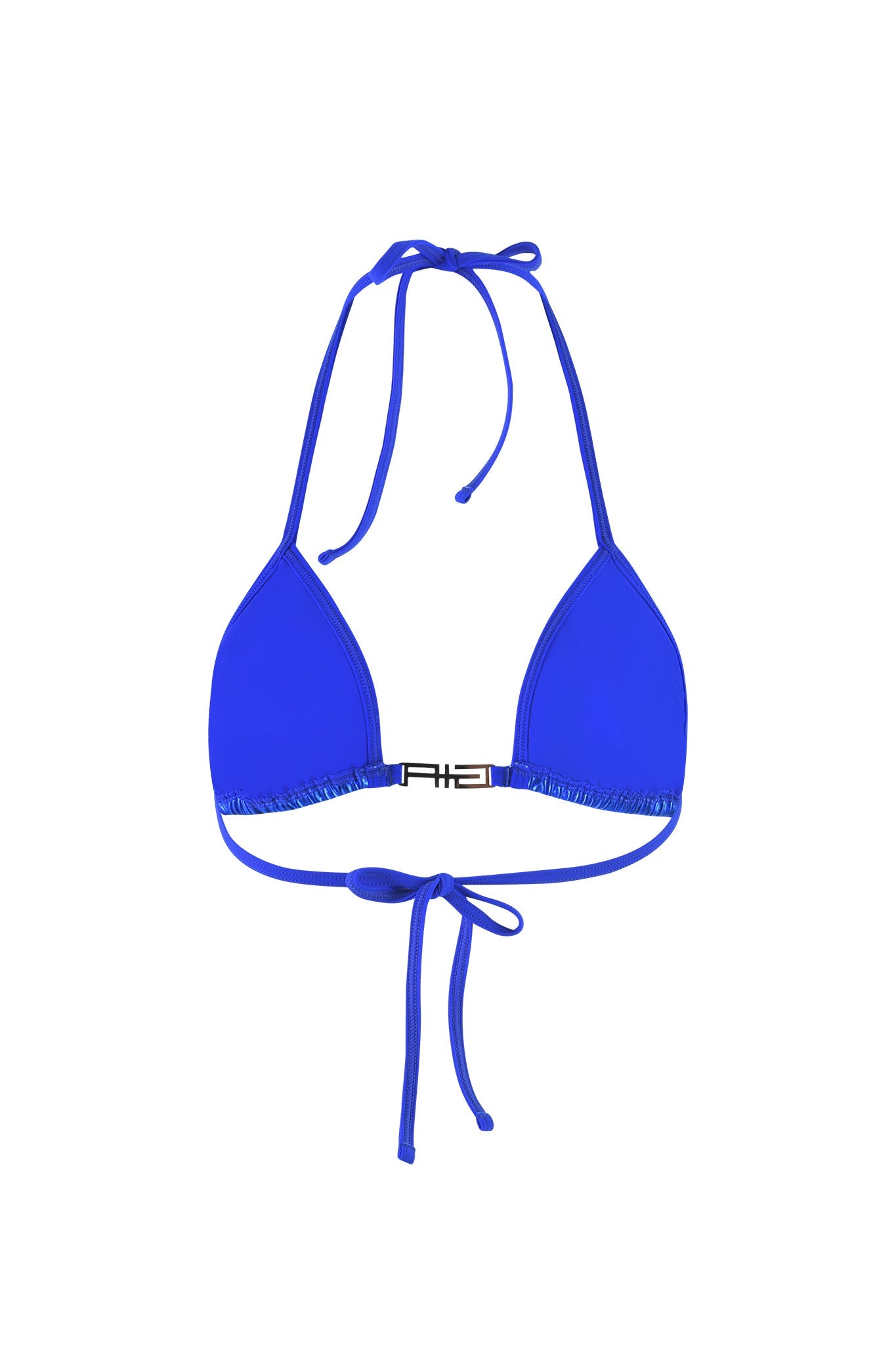 The ALOHI BIKINI TOP in Cobalt Blue by I.AM.GIA features a bright blue triangle design with a halter neck and an adjustable tie at the back, complemented by a small metallic clasp detail in the center for added style.