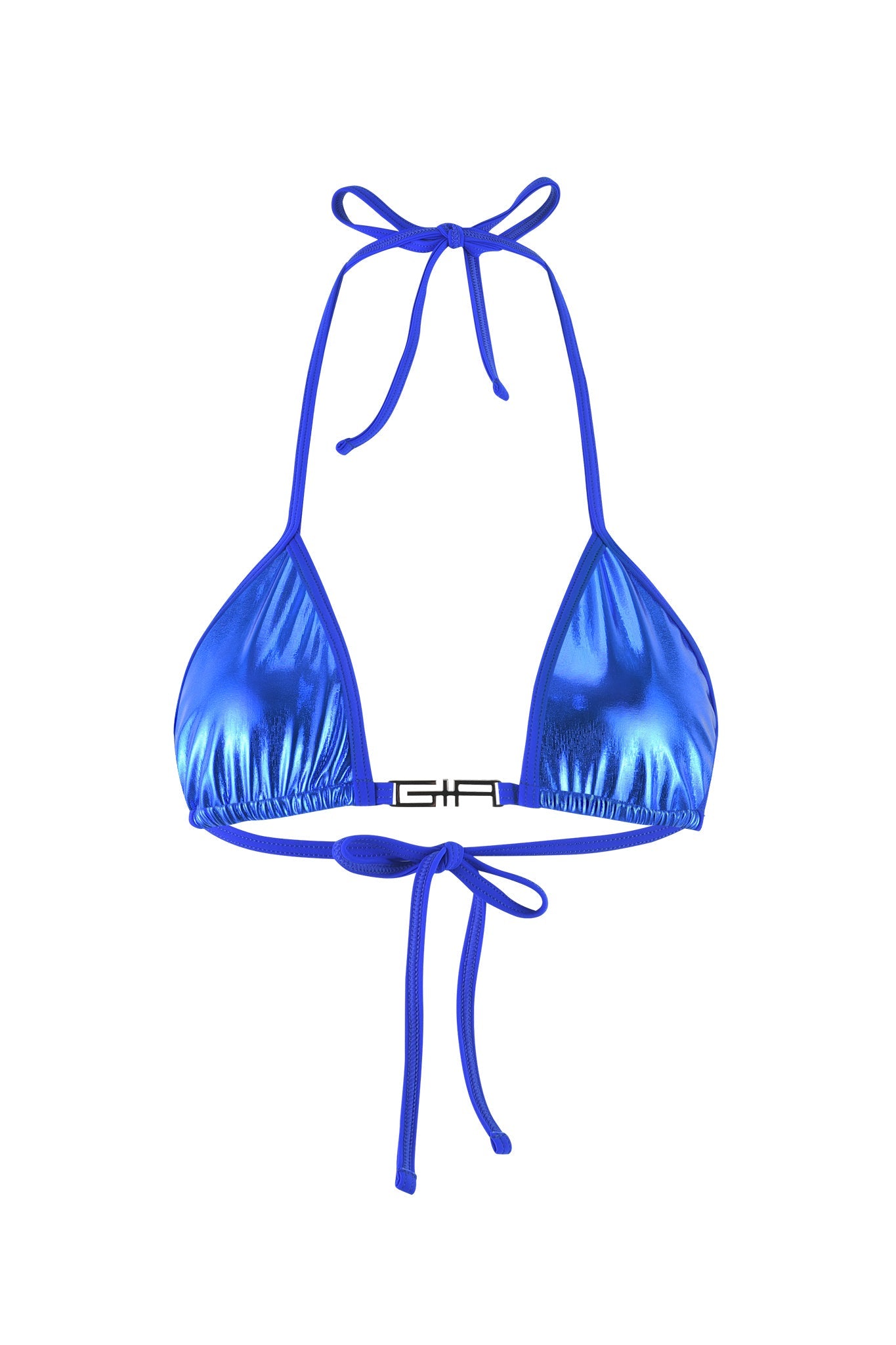 The ALOHI Bikini Top in Cobalt Blue from I.AM.GIA features triangle-shaped cups, secured with thin straps that tie at the neck and back. The shiny blue material has a metallic sheen, and it includes a small horizontal clasp located between the cups.