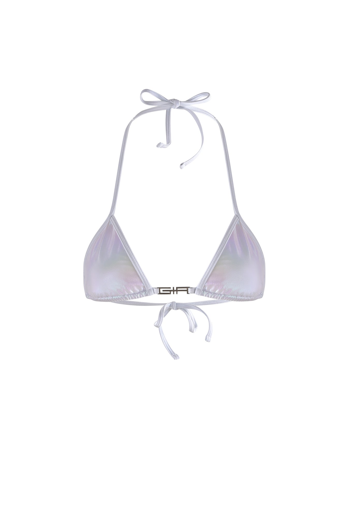 The ALOHI BIKINI TOP - WHITE : PEARL by I.AM.GIA showcases a halter neck and back tie closures. This stunning bikini top features a small metal detail at the front center of the chest band. The fabric has a shiny, reflective appearance with subtle rainbow hues, adding an iridescent touch to your swimwear collection.