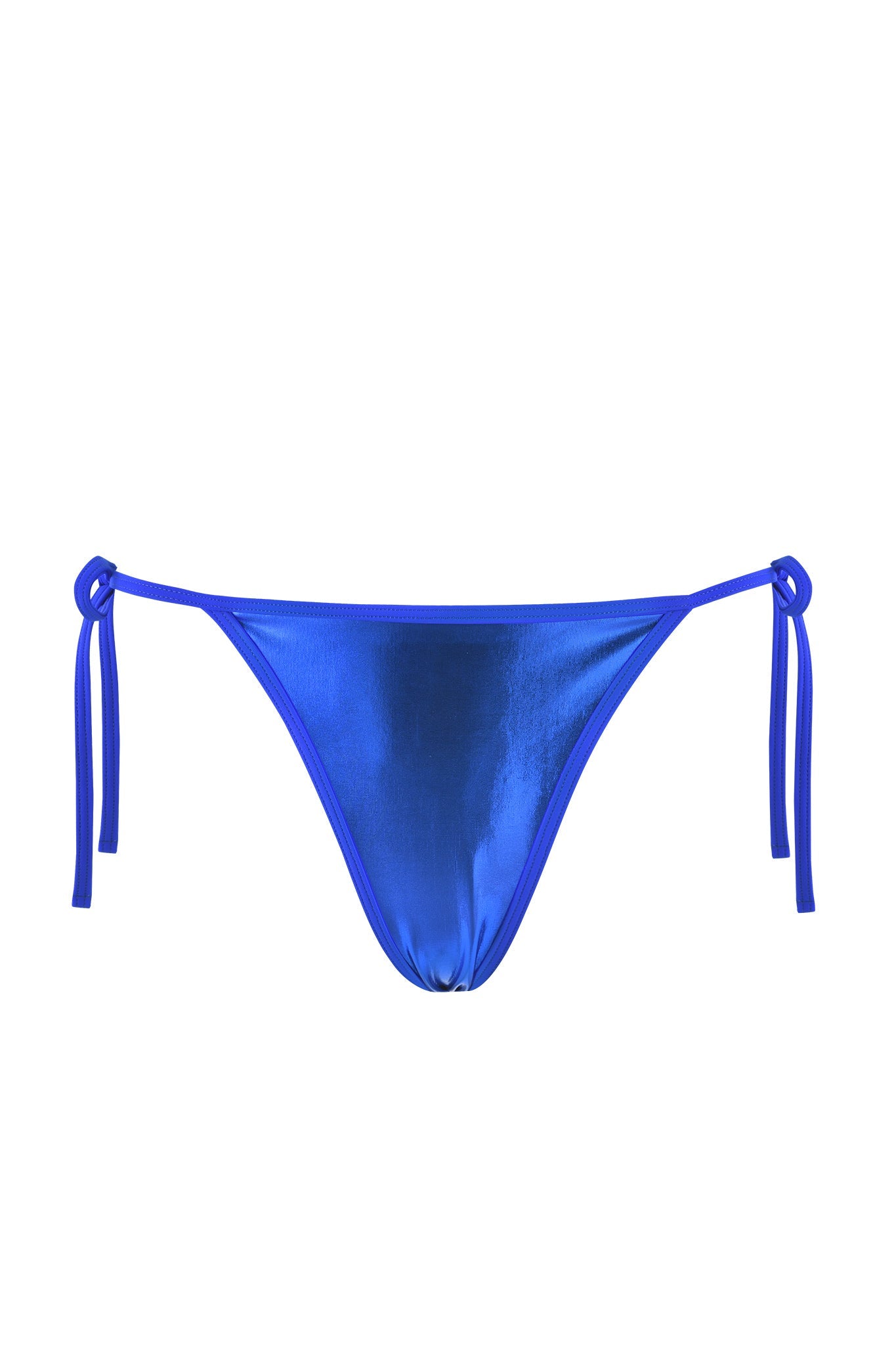 A pair of cobalt blue "ALOHI BIKINI BOTTOM - BLUE" with side tie strings on a white background, designed by I.AM.GIA. The fabric has a slight sheen, adding a glossy finish to the chic design.