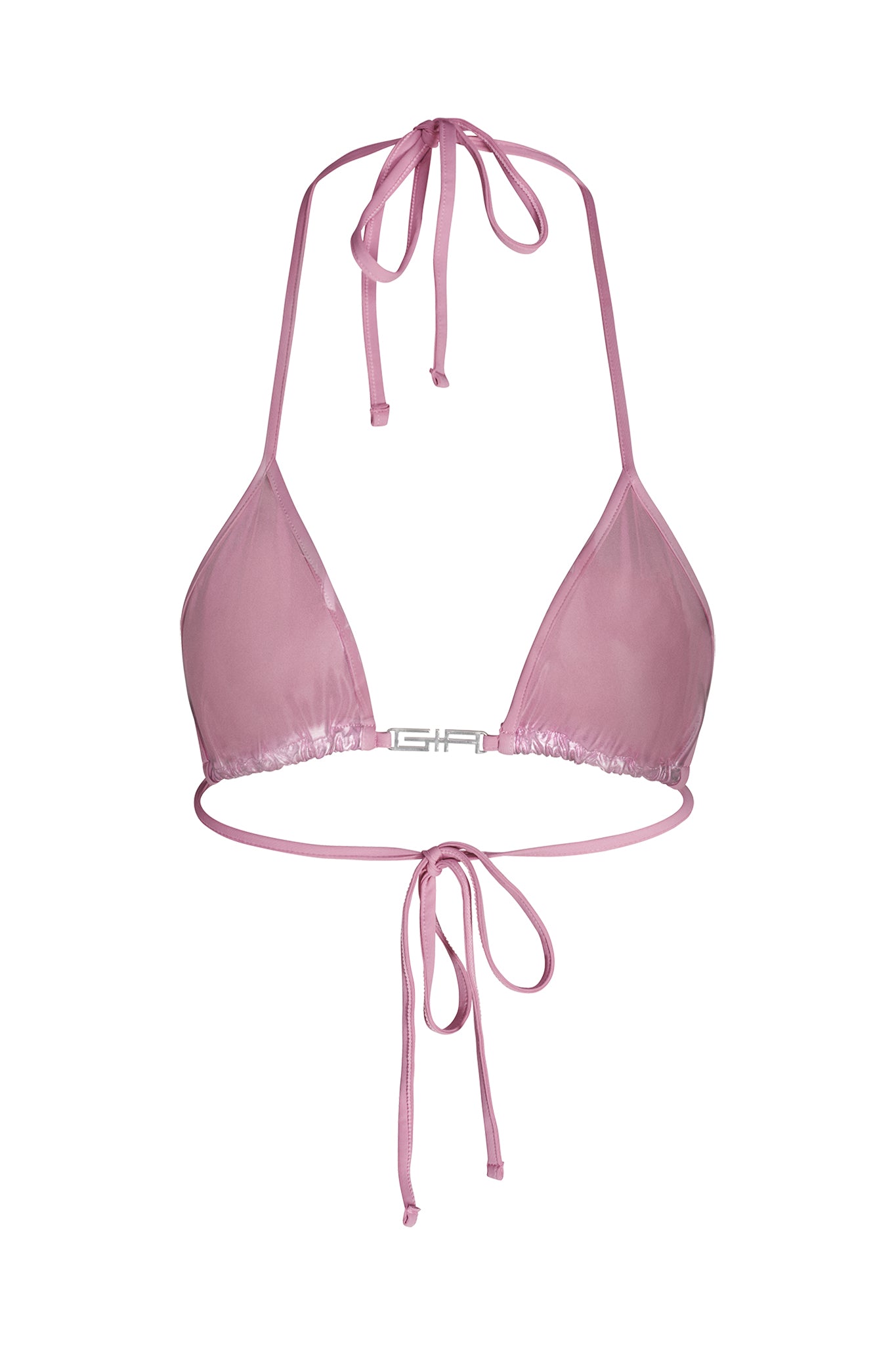 The ALOHI BIKINI TOP - PINK from I.AM.GIA is a sheer, pink triangle bikini top with halter neck and back tie closures. It features a small, silver clasp in the center front.
