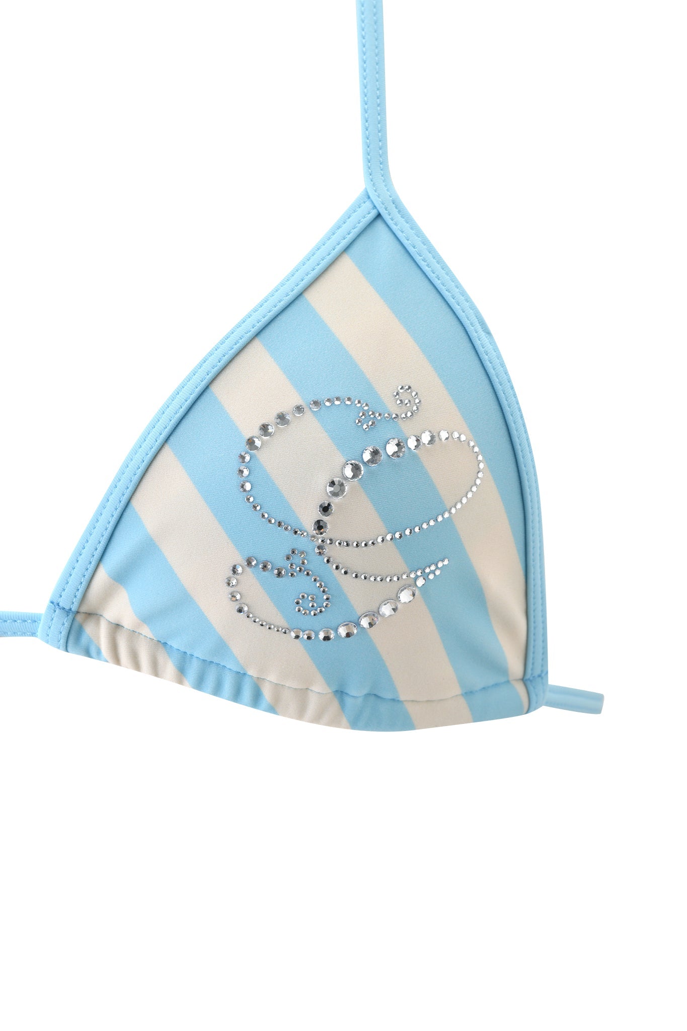 A close-up of the I.AM.GIA CORDELIA BIKINI TOP - BLUE STRIPE, featuring blue and white stripes and a rhinestone heart accent on the left cup.
