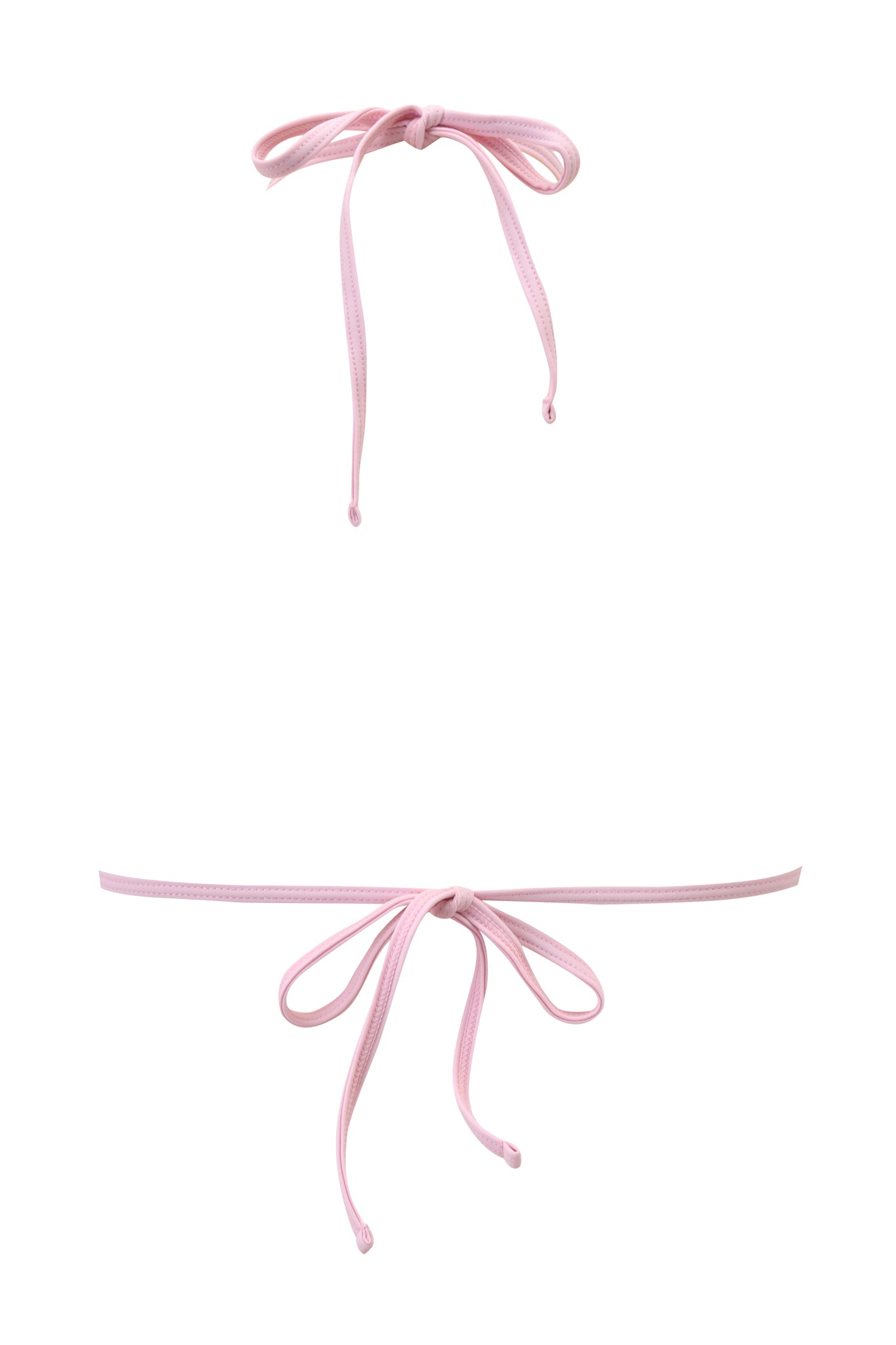 Two pink bikini strings are tied in bows, one above the other, on a plain white background. The top string is from the I.AM.GIA CORDELIA BIKINI TOP - SNAKE; the bottom string represents a matching bikini bottom tie.