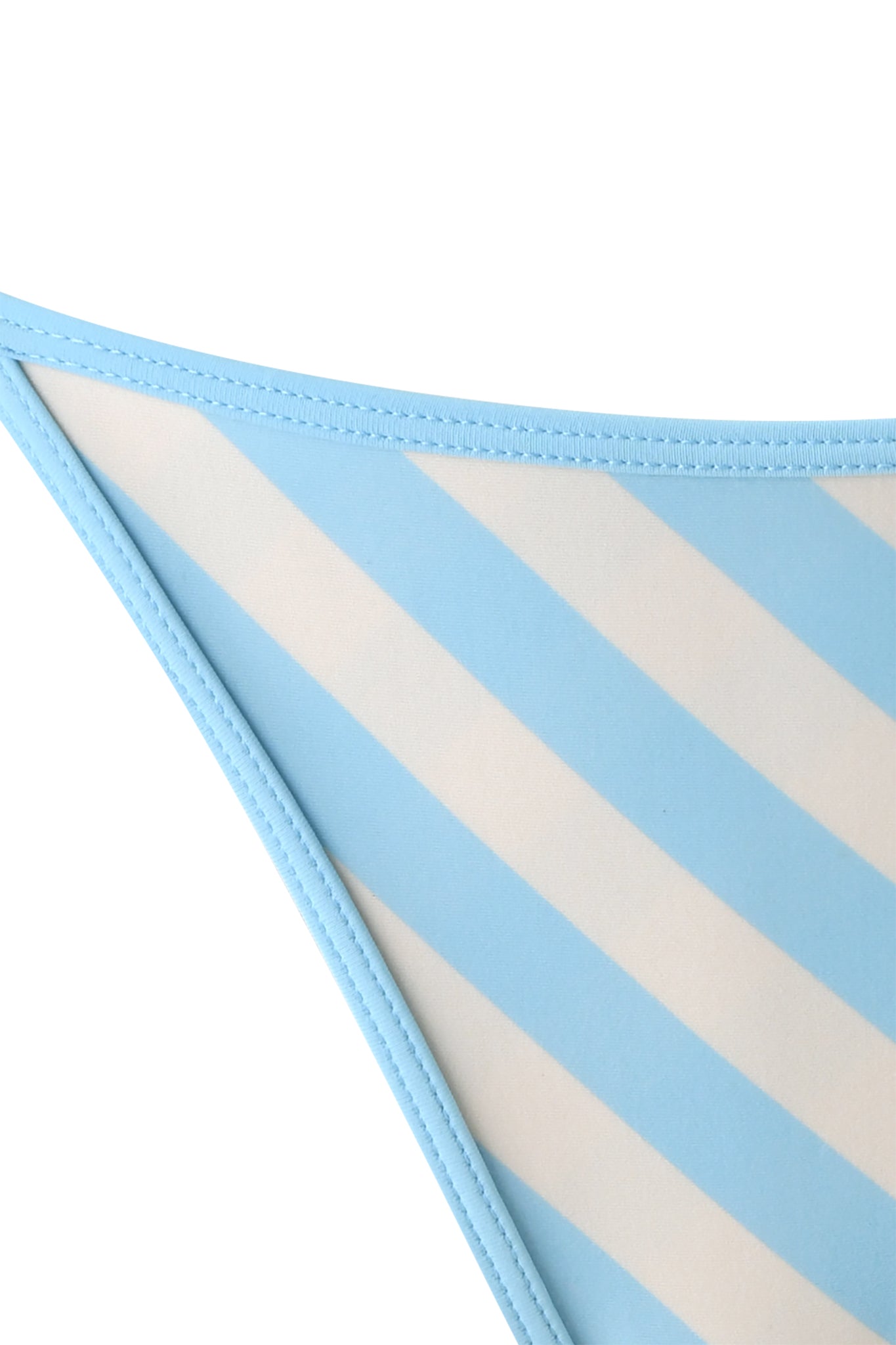 Close-up of the I.AM.GIA CORDELIA BIKINI BOTTOM - BLUE STRIPE, featuring light blue and white diagonal stripes and stitched edges.