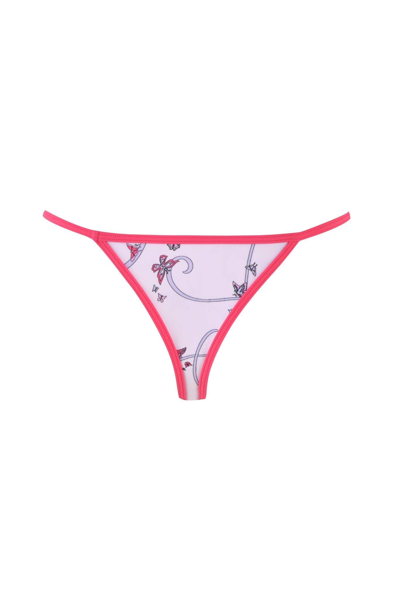 I.AM.GIA's Cordelia Bikini Bottom in light pink features a minimalistic, feminine design with a thin pink waistband and edges. It has a butterfly ribbon print in purple and pink, echoing the style of delicate thong underwear.