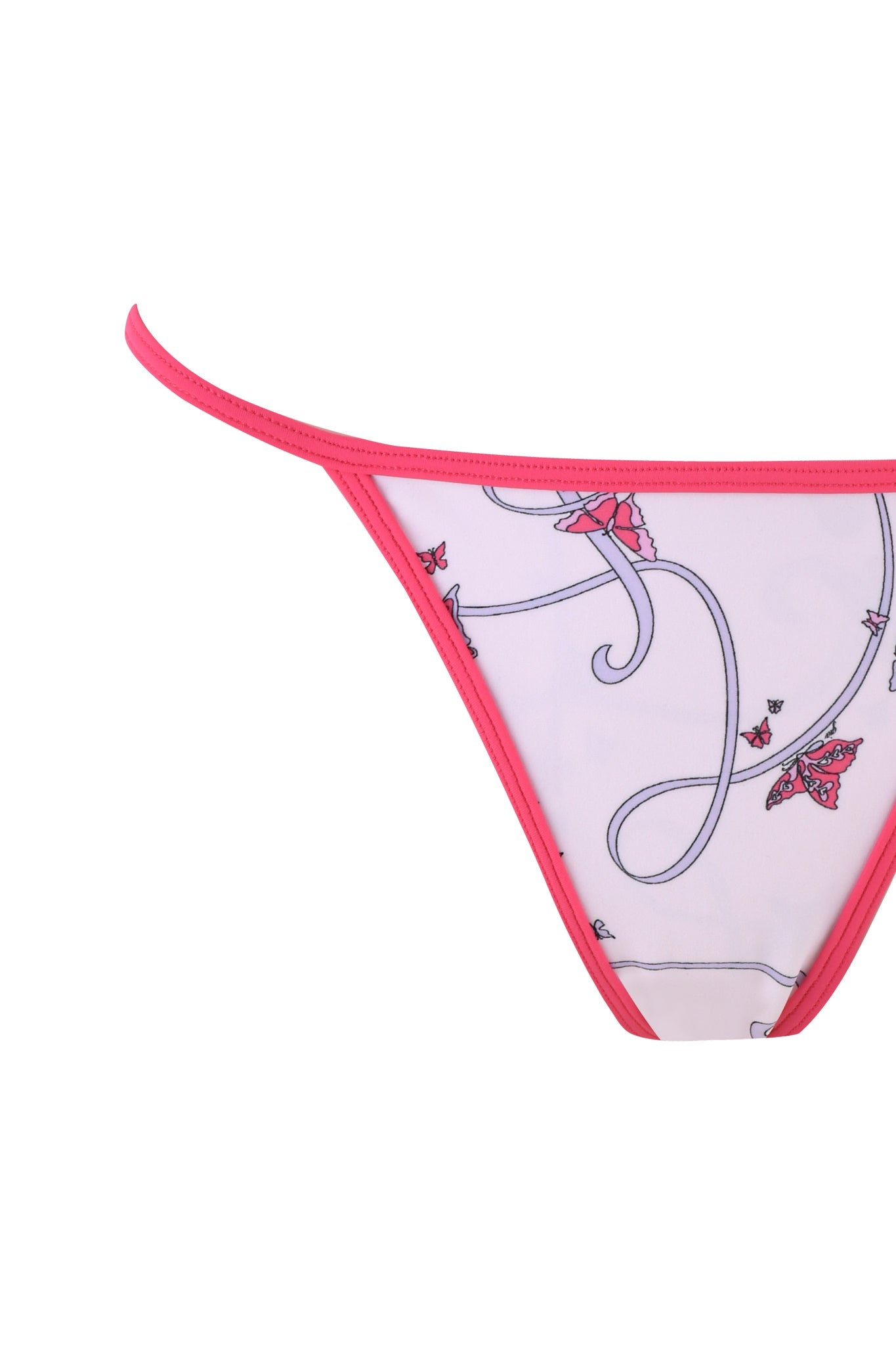 Close-up of the I.AM.GIA Cordelia Bikini Bottom. It features a pink trim and a low-rise waist with a white fabric adorned with red butterfly ribbon print and swirling lines, highlighted against a plain white background.