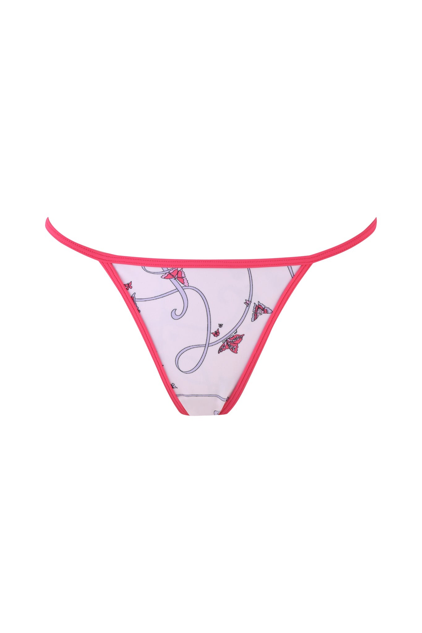 The I.AM.GIA Cordelia Bikini Bottom in pink, featuring a butterfly ribbon design, showcases sheer material with intricate blue and pink floral patterns. The contrasting thin waistband adds a bold and stylish touch.