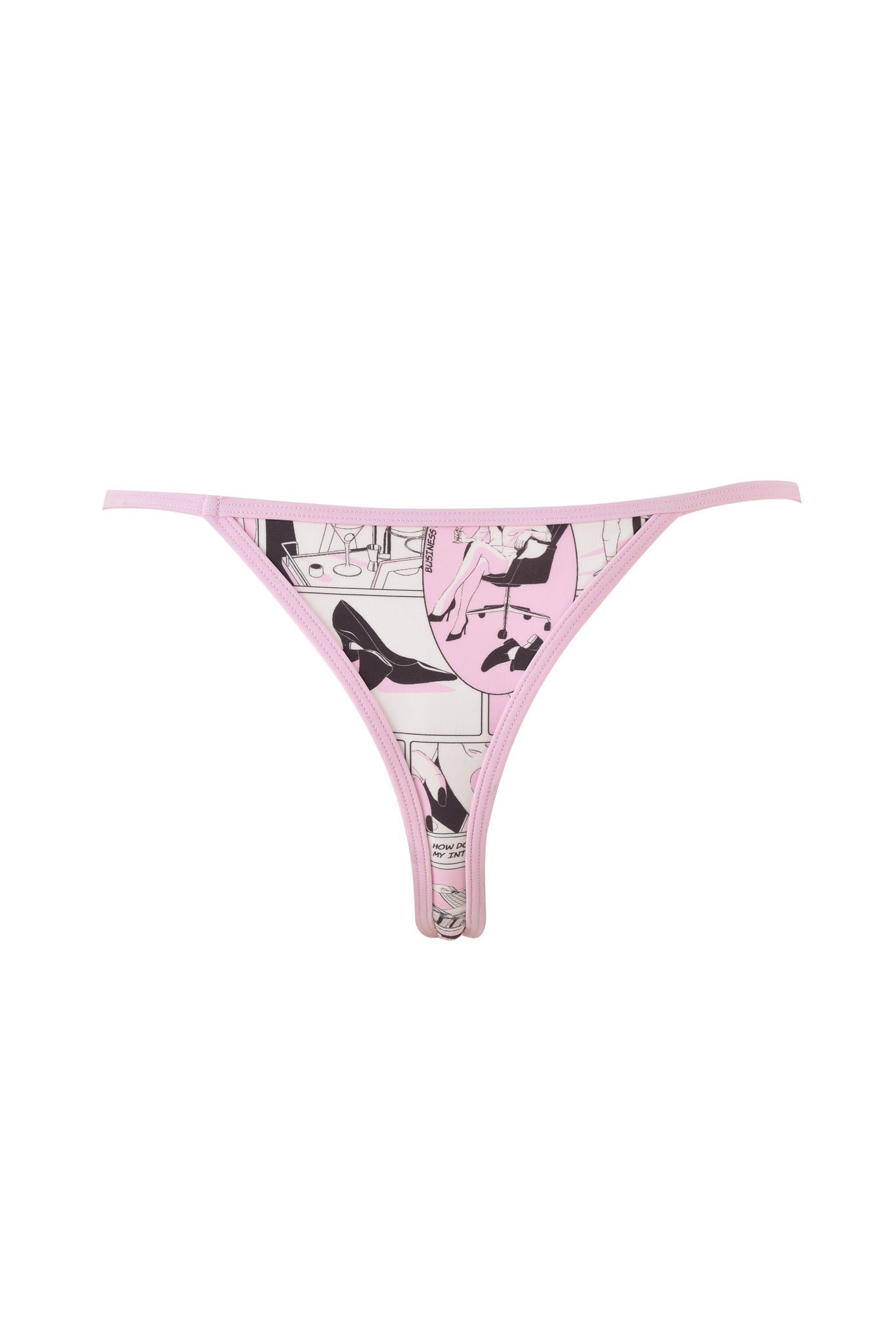 The CORDELIA BIKINI BOTTOM - PINK : DIGITAL : COMIC PRINT by I.AM.GIA features a comic strip design in black, white, and pink hues. The solid pink waistband and trims complement the playful bodycon fit fabric adorned with various stylized illustrations for a unique and fun appearance.