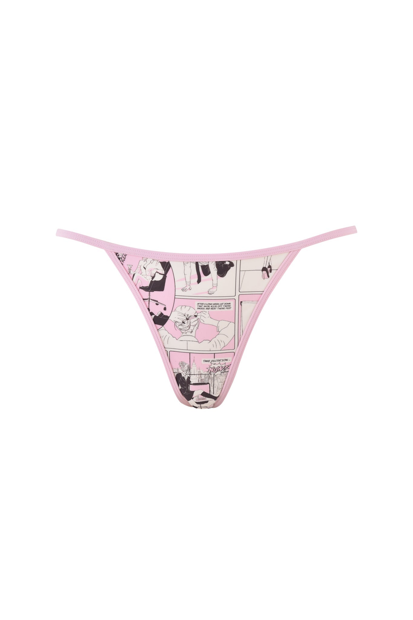 A pair of I.AM.GIA Cordelia Bikini Bottoms in pink, showcasing a comic book print in various shades of pink, beige, and black. The front panel is adorned with playful comic strip illustrations, making it ideal for those who appreciate quirky charm.