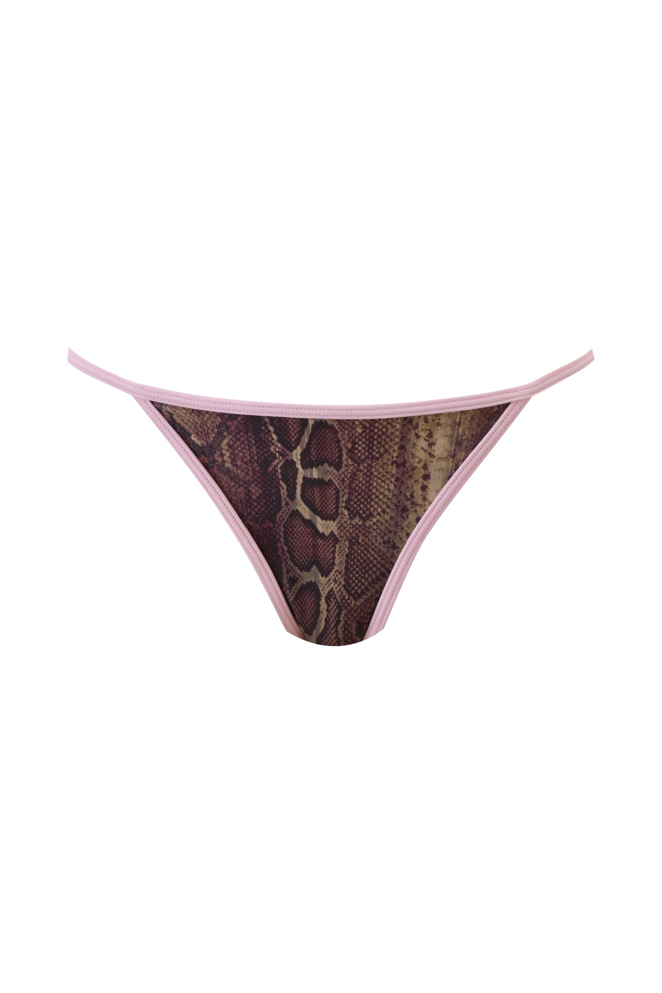 The CORDELIA BIKINI BOTTOM - SNAKE by I.AM.GIA features a pink waistband with a bold brown snake print on the front, set against a white background.