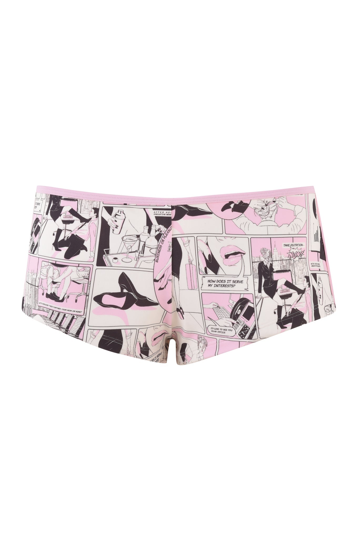 Introducing the JOANNE SHORT - PINK : DIGITAL: COMIC PRINT by I.AM.GIA, a pair of women's boyshort underwear that features a custom hand-drawn comic strip design in pink, black, and white. With a low-rise waist for added comfort, this playful garment showcases retro-inspired images of women and dialogue for a truly unique look.