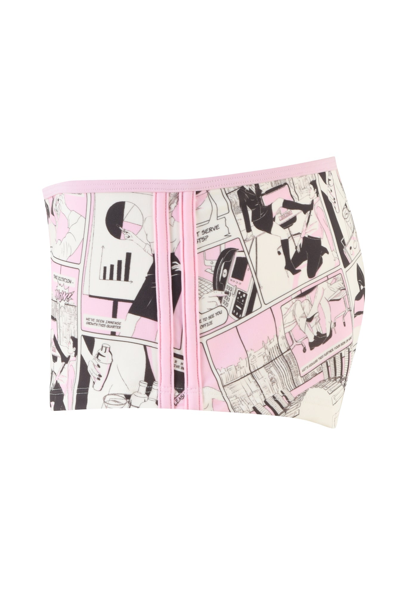 A high-waisted garment named "JOANNE SHORT - PINK : DIGITAL: COMIC PRINT" by I.AM.GIA, featuring a custom hand-drawn print by Joanne Short. The design includes a mix of black, white, and pink illustrations and speech bubbles depicting various scenes. The fabric has vertical seams and is complemented with a pink waistband.