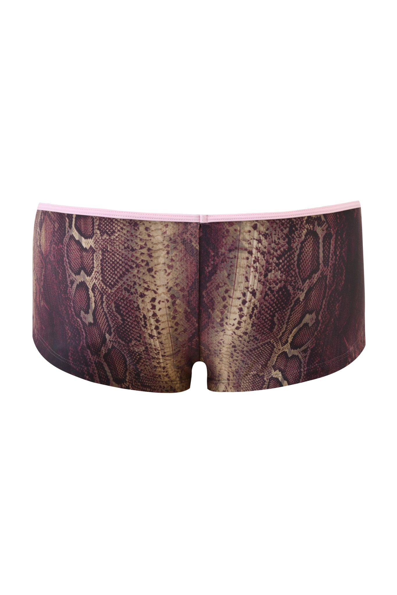 The JOANNE SHORT - SNAKE by I.AM.GIA is a pair of women's low-rise boyshorts with a brown and pink snake print, shown from the back against a white background.