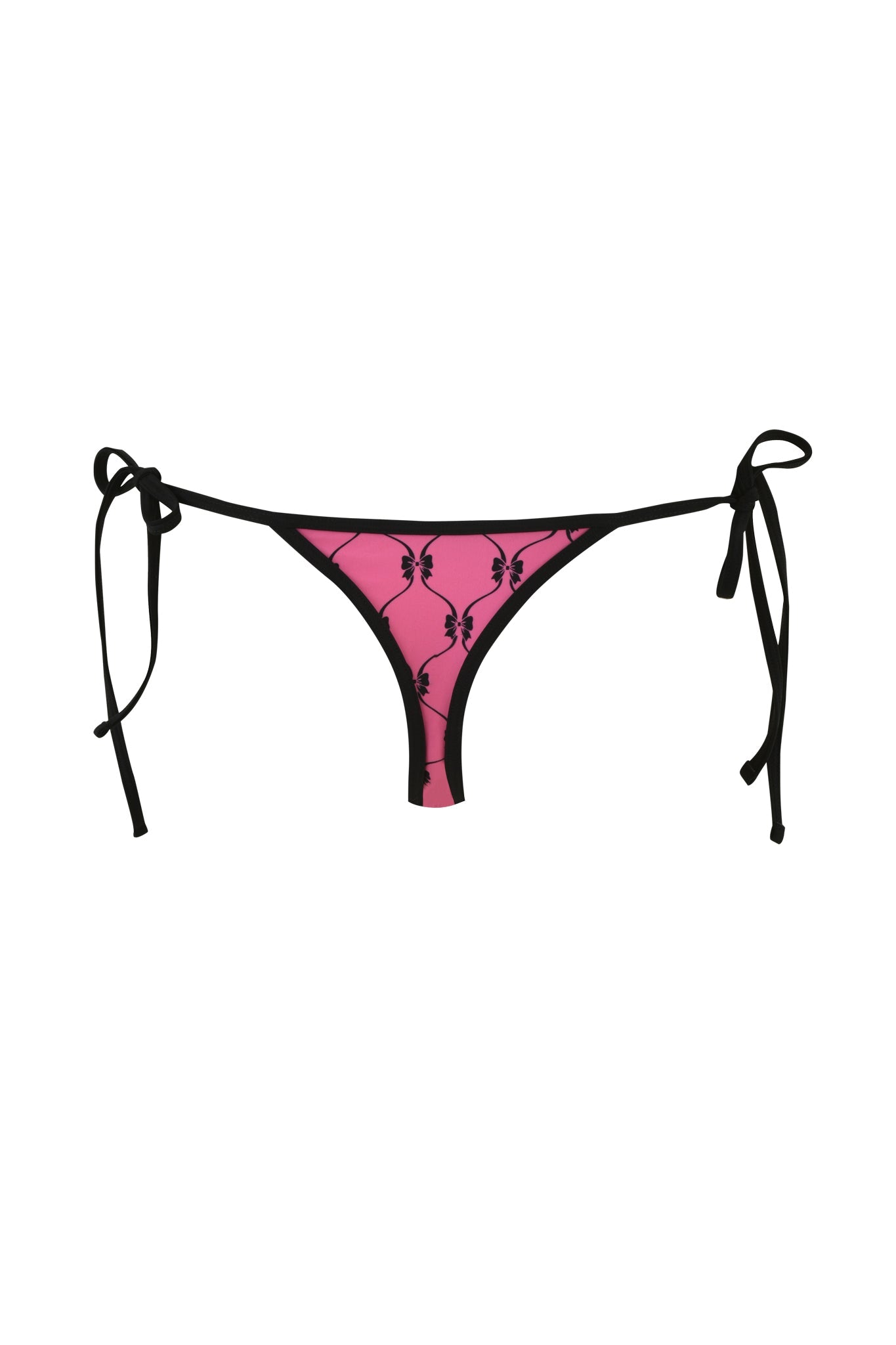 The MONROE BIKINI BOTTOM from I.AM.GIA in a cheeky thong style is pink with side ties and showcases an overlapping black lace pattern.