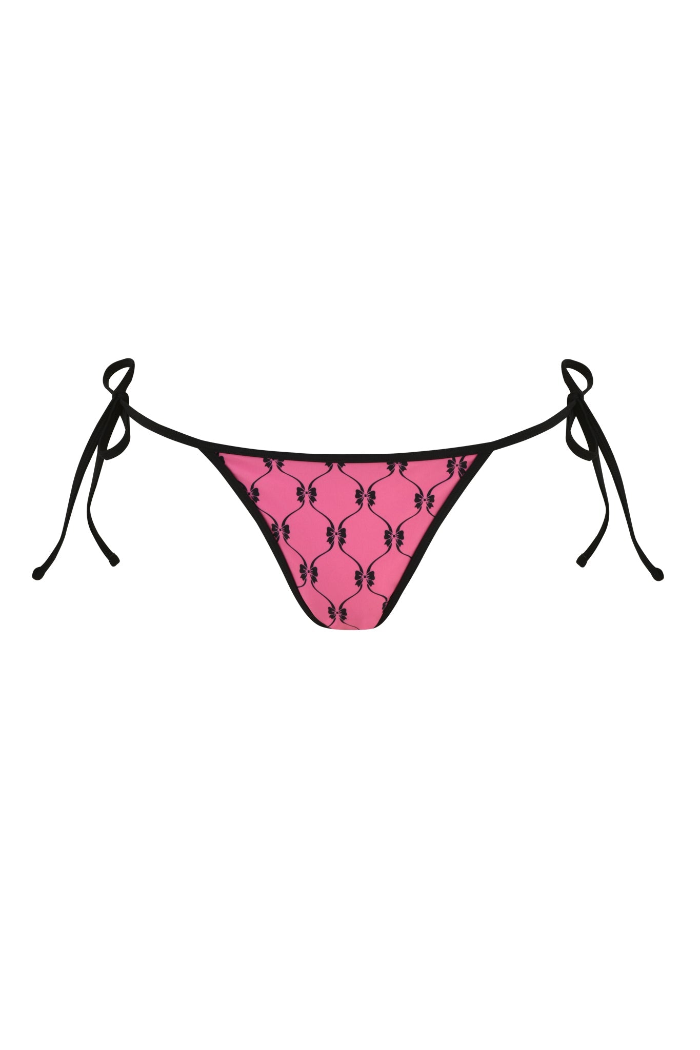 The MONROE BIKINI BOTTOM - PINK : DIGITAL : GIRLY POP by I.AM.GIA features a cheeky style with a pink base and black trim. Its playful design includes a girly pop print with black fishnet-like patterns and chic black tie strings on the sides, adding a fun element to your beach look.