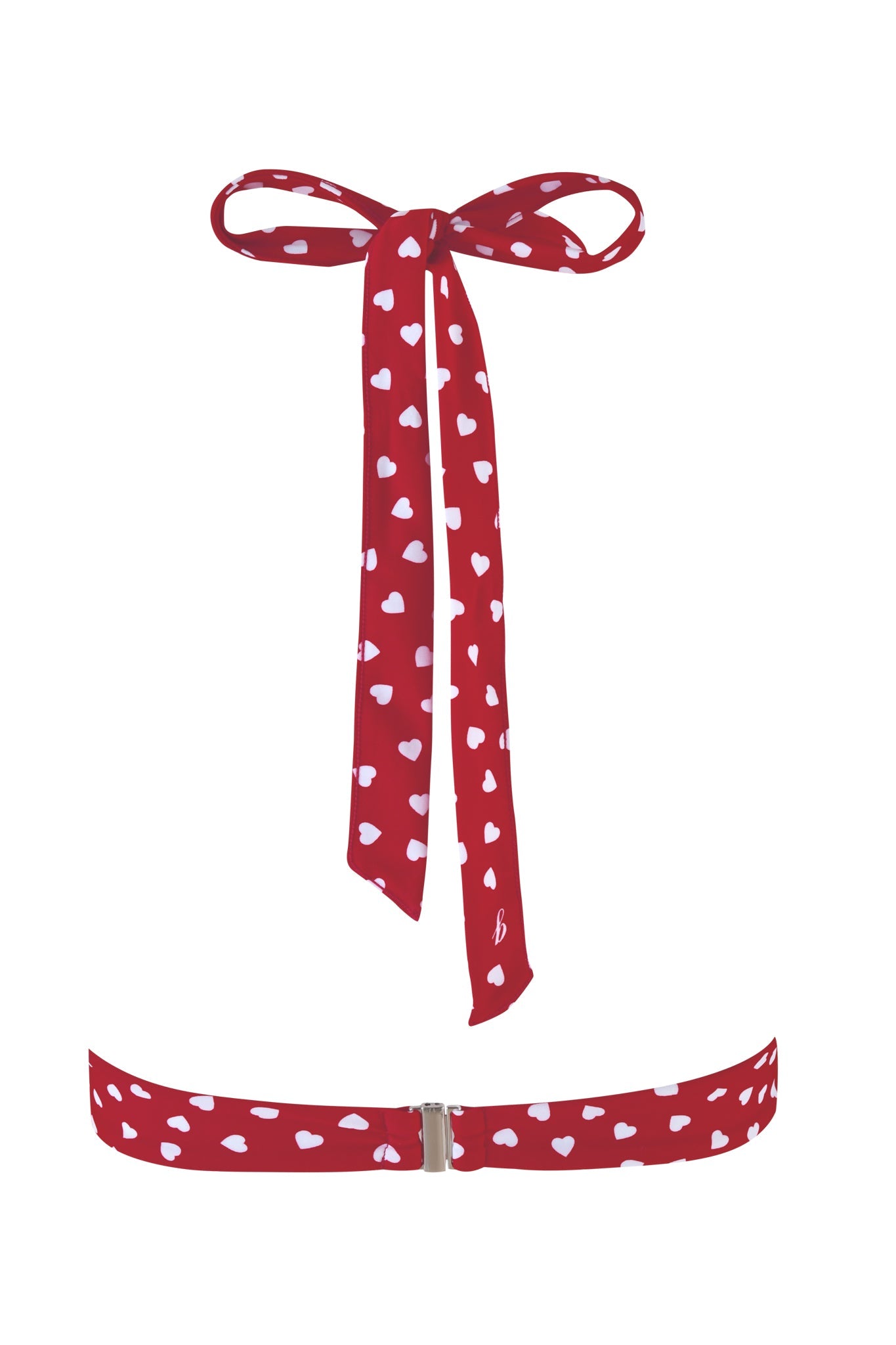 The VALENTINA BIKINI TOP - RED: RED HEARTBEAT by I.AM.GIA highlights a back view with a bow-tied halter neck strap and a clasp closure, blending style and support.