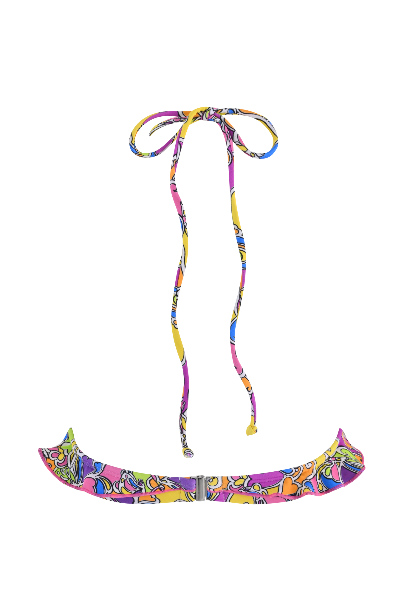 The I.AM.GIA MARNIE BIKINI TOP - TROPICAL BUTTERFLY BLOOM features playful multicolored stripes—pink, yellow, orange, blue, and purple—evoking the charm of a rocking horse silhouette against a matching vibrant background with ruffle detail.