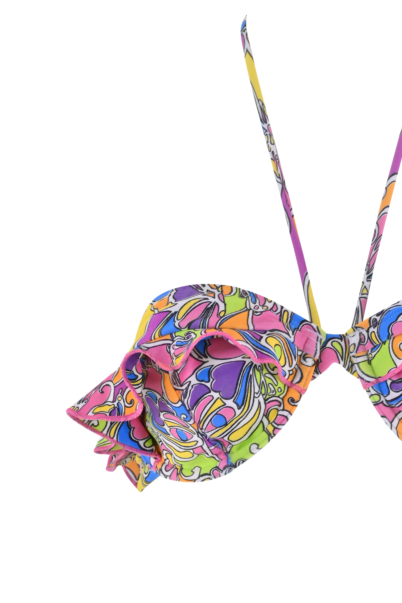 The MARNIE BIKINI TOP - TROPICAL BUTTERFLY BLOOM by I.AM.GIA features a vibrant abstract pattern in orange, blue, yellow, pink, and purple with ruffle detail, set against a matching distorted striped background.
