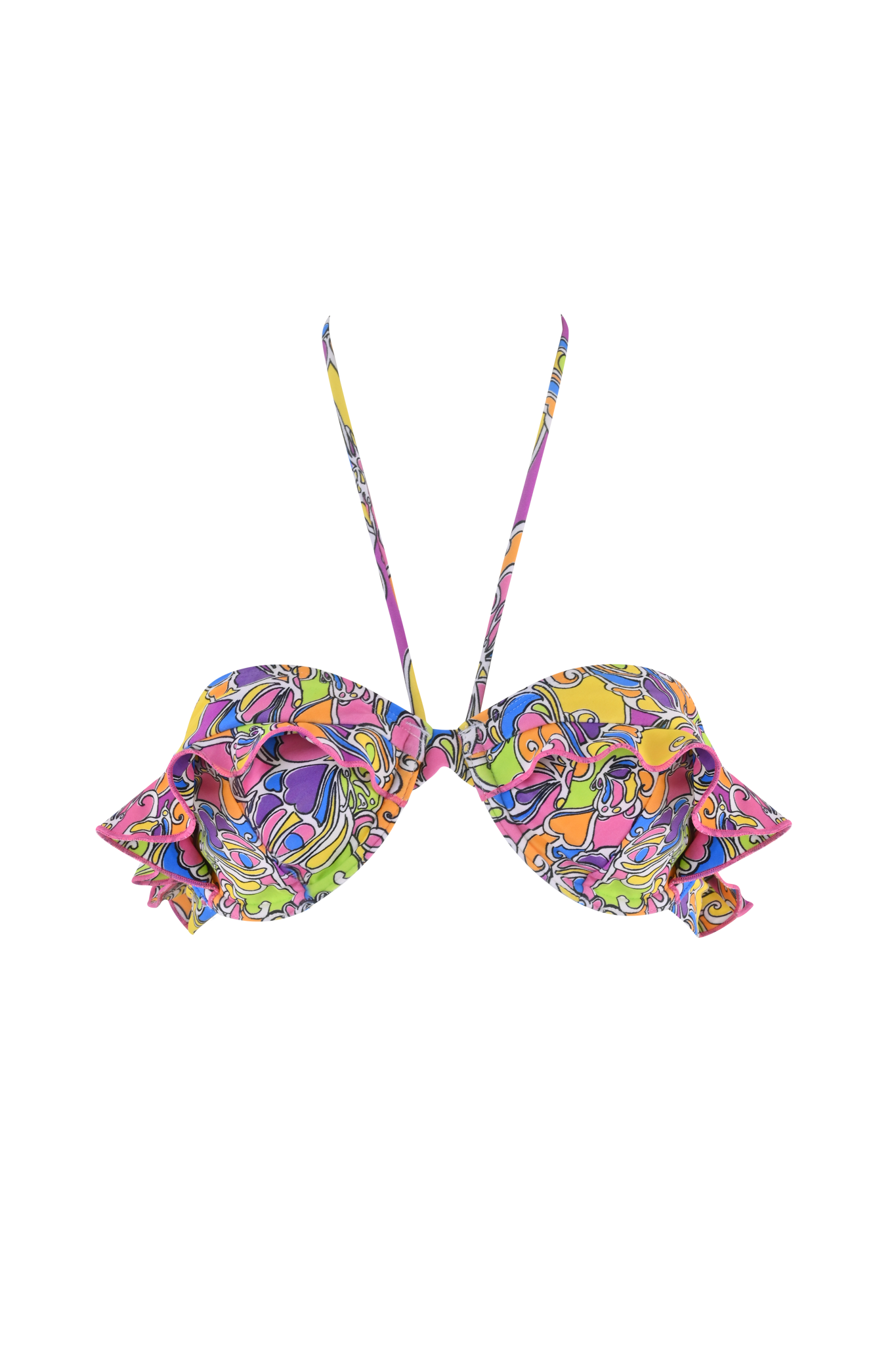 The MARNIE BIKINI TOP - TROPICAL BUTTERFLY BLOOM by I.AM.GIA showcases wavy, ribbon-inspired details in bold colors, set against a backdrop of evenly spaced vertical stripes in pink, blue, yellow, and neutral tones.