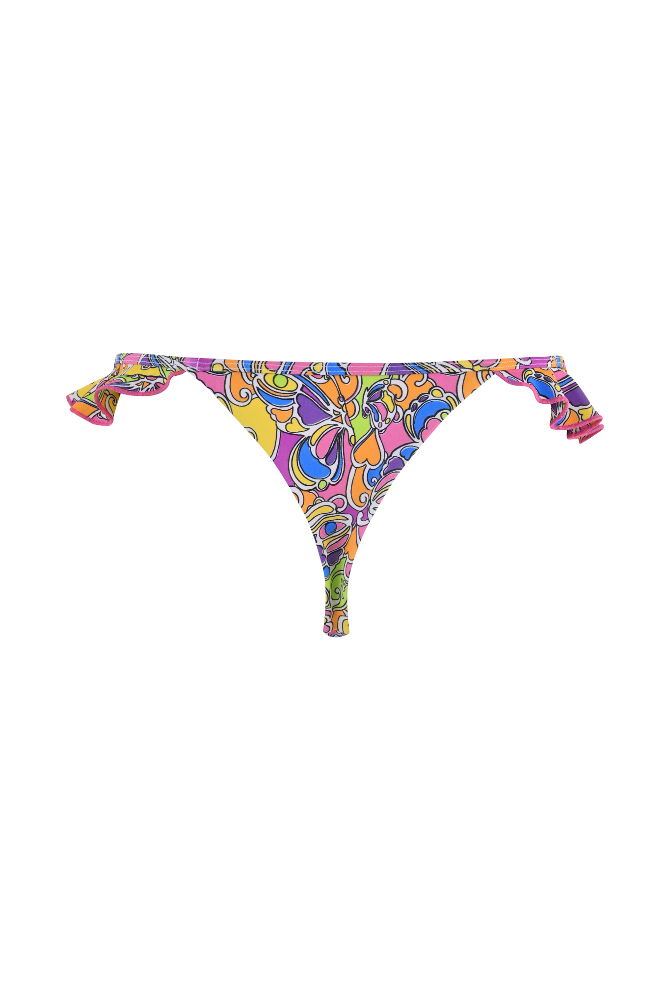 Colorful abstract illustration inspired by I.AM.GIA’s MARNIE BIKINI BOTTOM - TROPICAL BUTTERFLY BLOOM, featuring a uterus formed by swirling patterns and vertical stripes in vibrant pink, yellow, orange, green, and purple hues.