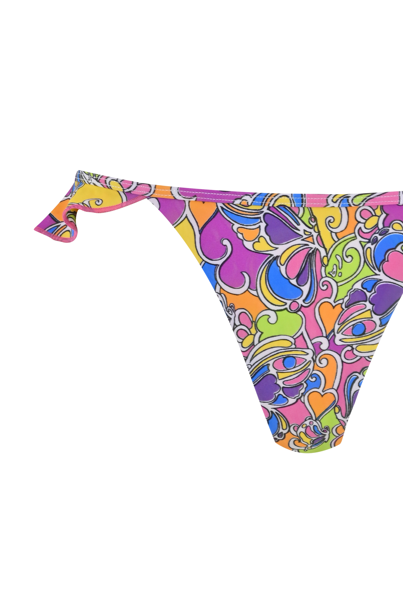 The MARNIE BIKINI BOTTOM - TROPICAL BUTTERFLY BLOOM by I.AM.GIA features a colorful, high-stretch thong style with a vibrant print of swirls, hearts, florals, and rainbow stripes in purple, yellow, orange, red, and green.