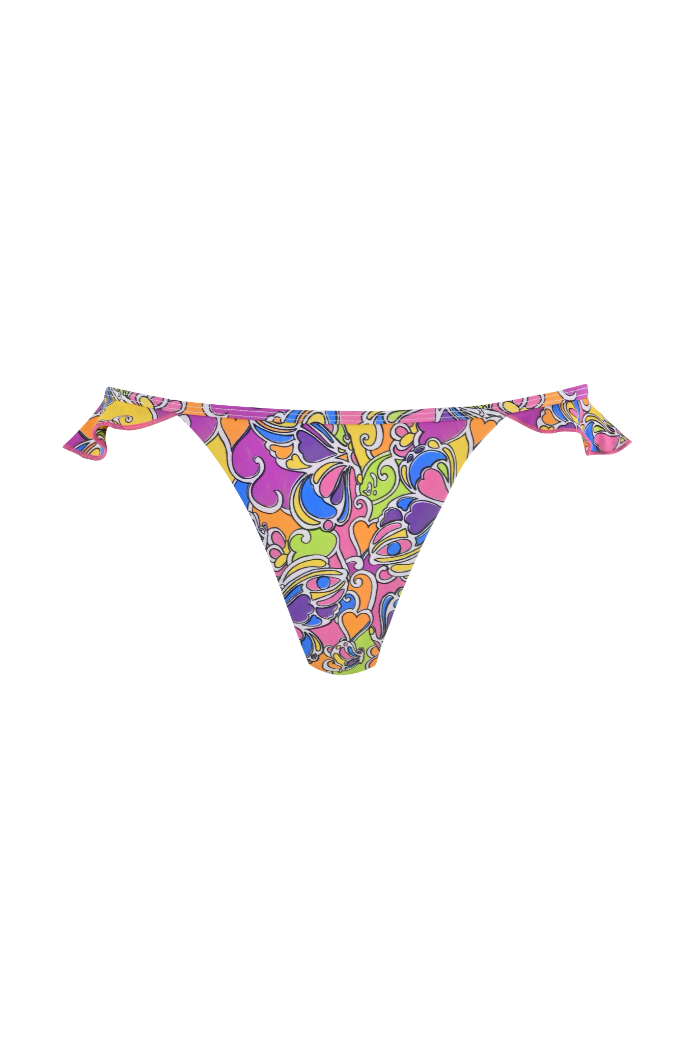 The MARNIE BIKINI BOTTOM - TROPICAL BUTTERFLY BLOOM by I.AM.GIA is a thong style with side ties, featuring a vibrant floral and swirl print in purple, pink, yellow, green, and blue on high stretch fabric for comfort.