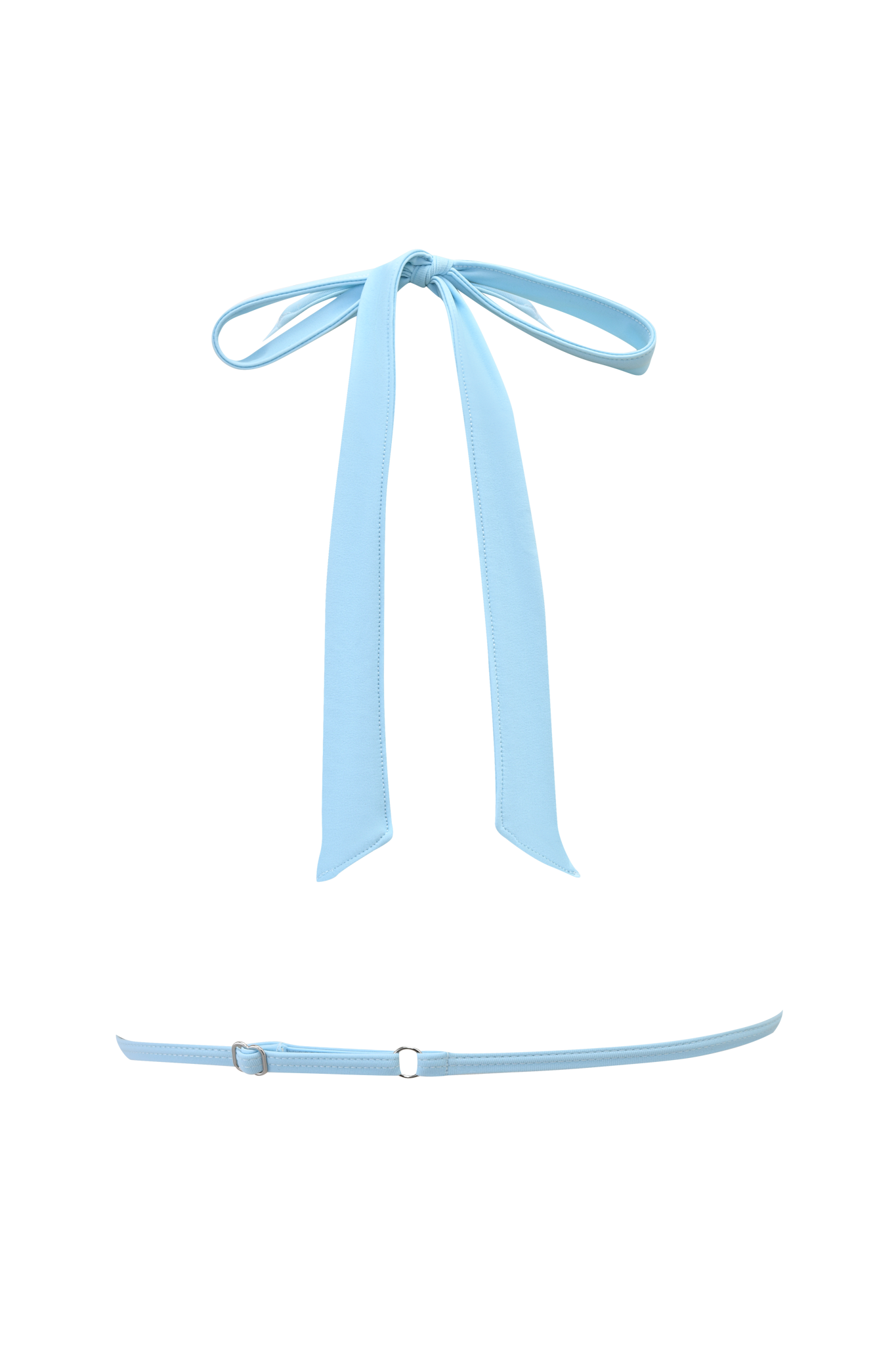 The MAUI BIKINI TOP - AQUA by I.AM.GIA features a light blue ribbon bow with long tails and an adjustable thin strap, evoking an aqua halter top bikini style against a plain white background.