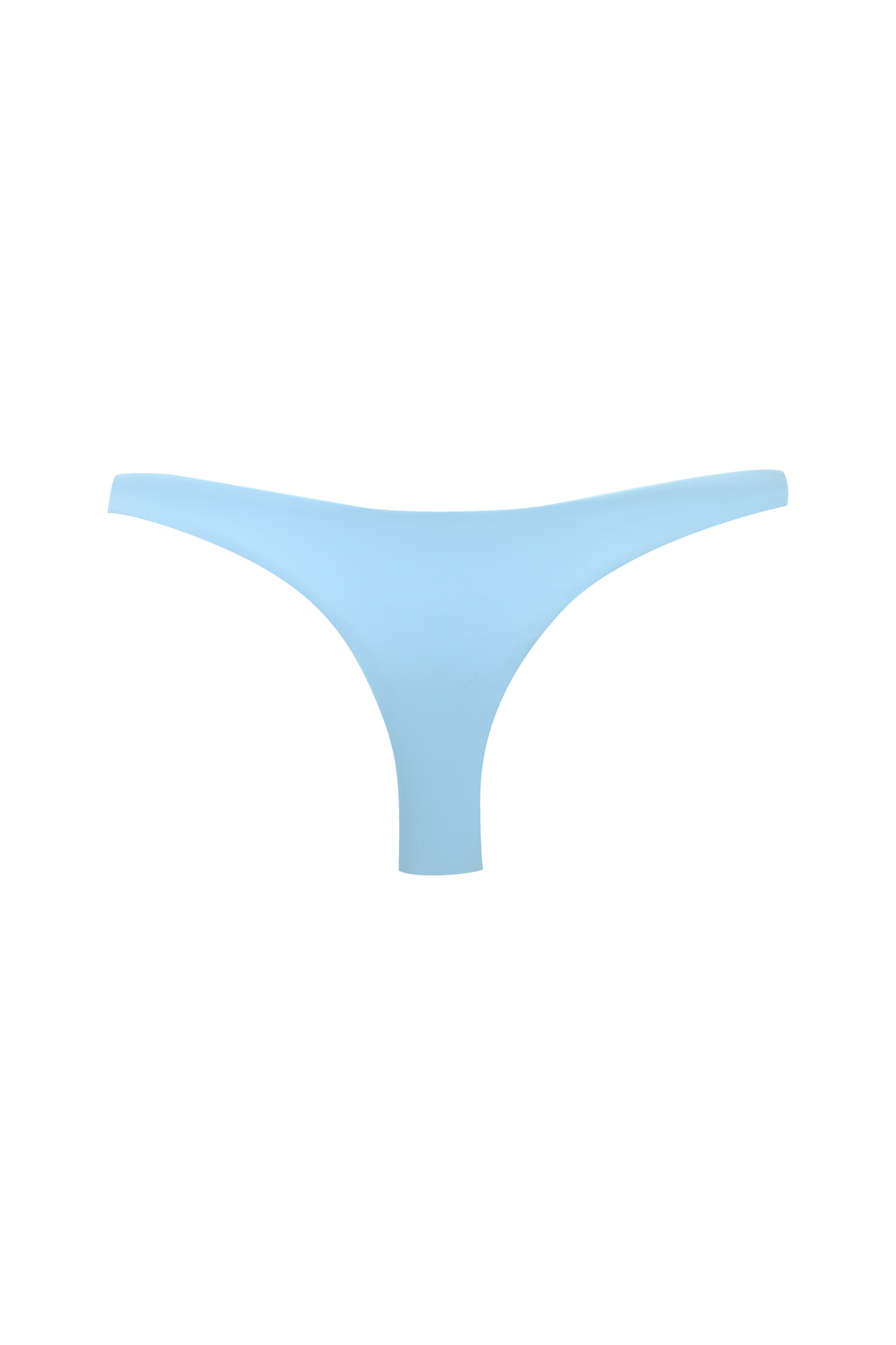The I.AM.GIA MAUI BIKINI BOTTOM in aqua is a light blue, low rise thong displayed on a plain gradient blue background. The cheeky style is centered and viewed from the front, with no visible patterns or embellishments.