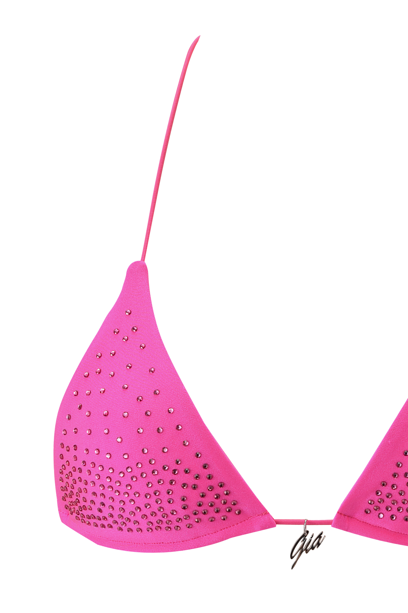 The BAMBI DIAMANTE BIKINI TOP - NEON PINK by I.AM.GIA features sparkling rhinestones on the left cup, shown against a neon pink background—a bold, eye-catching bikini top.