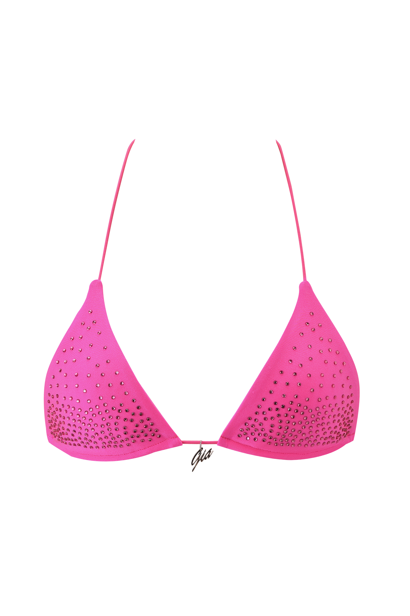 The I.AM.GIA BAMBI DIAMANTE BIKINI TOP in neon pink features triangle cups, thin neck and back straps, and is adorned with scattered shiny rhinestones for a flirty, stylish look.