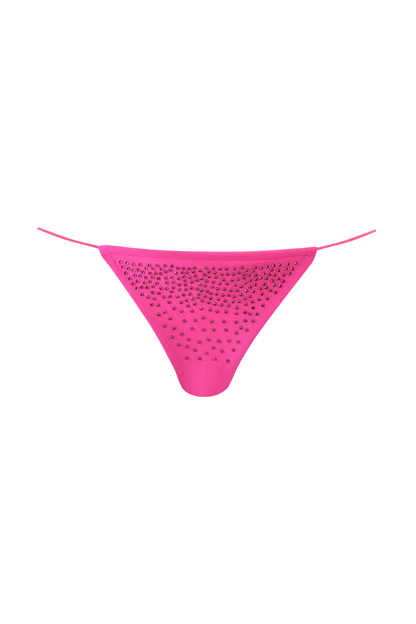 The BAMBI DIAMANTE BIKINI BOTTOM by I.AM.GIA in neon pink is displayed against a pink gradient background with abstract vertical lines, featuring sparkling diamantes for added shine.