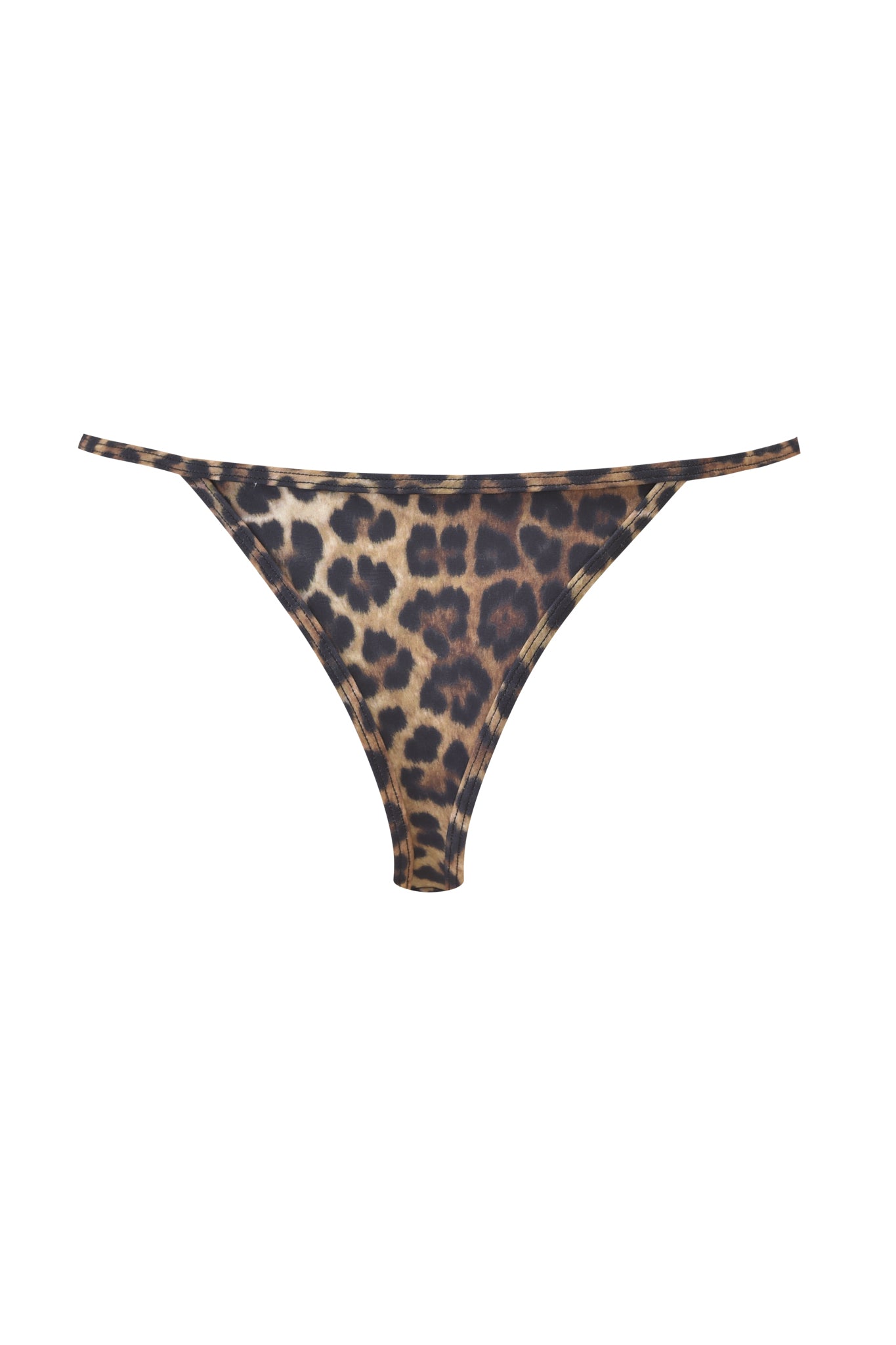 The AVA BIKINI BOTTOM - LEOPARD by I.AM.GIA features a high-cut G-string design with thin side straps and a bold brown and black leopard print.